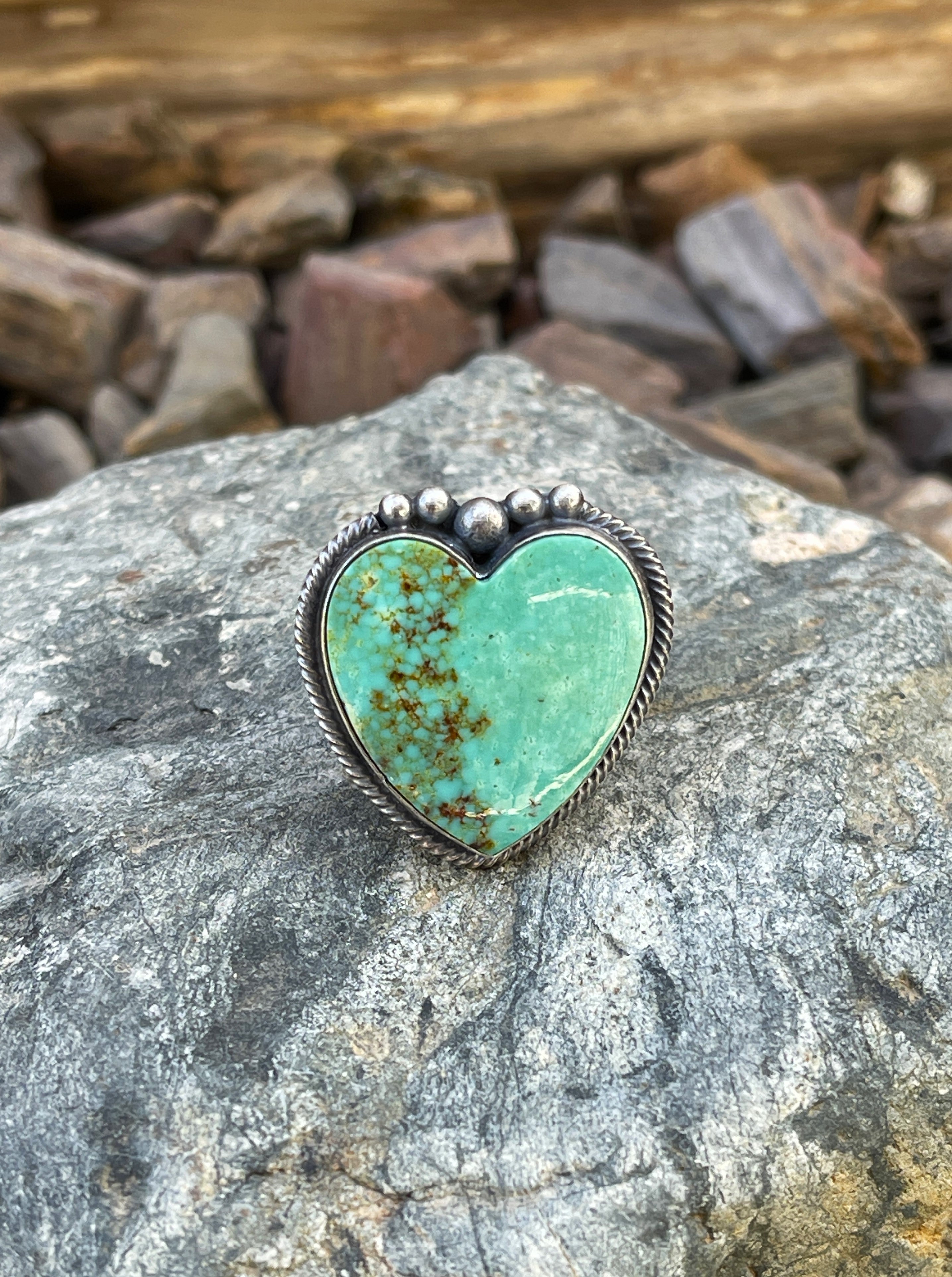 Handmade Solid Sterling Silver Kingman Turquoise Heart Ring - Size 9 1/2