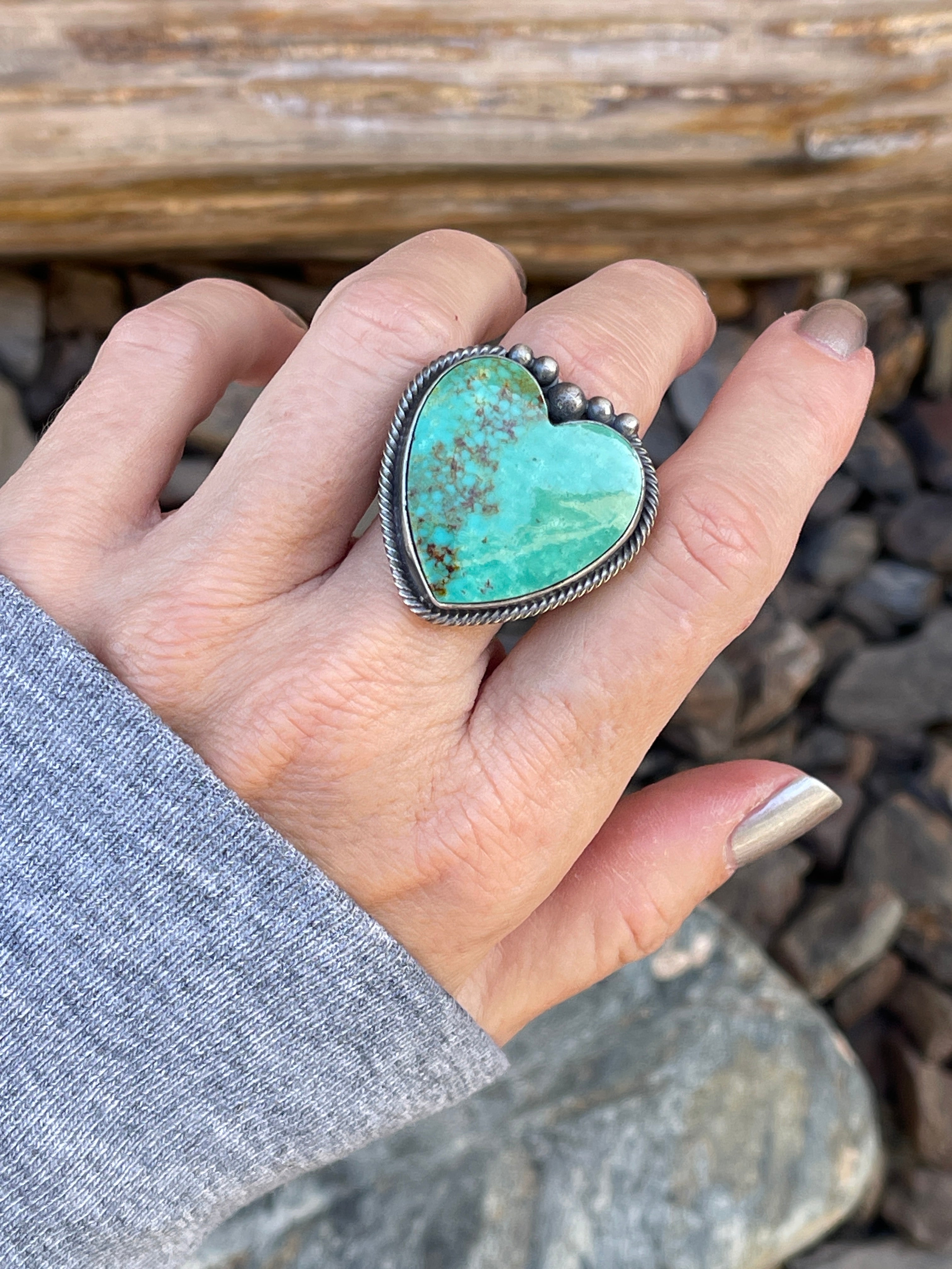 Handmade Solid Sterling Silver Kingman Turquoise Heart Ring - Size 9 1/2