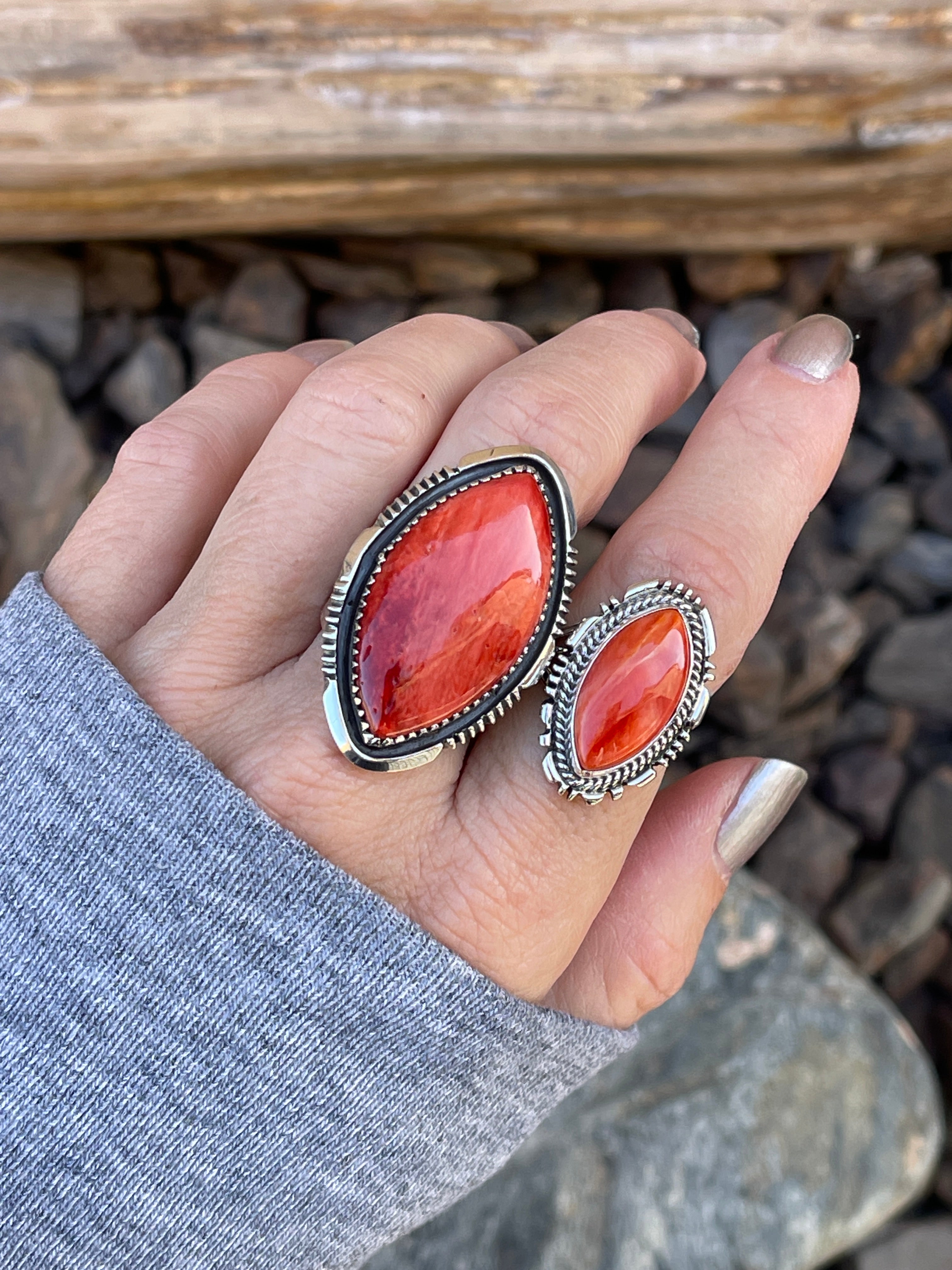 Handmade Sterling Silver Marquis Cut Orange Spiny Oyster Ring - Size 6