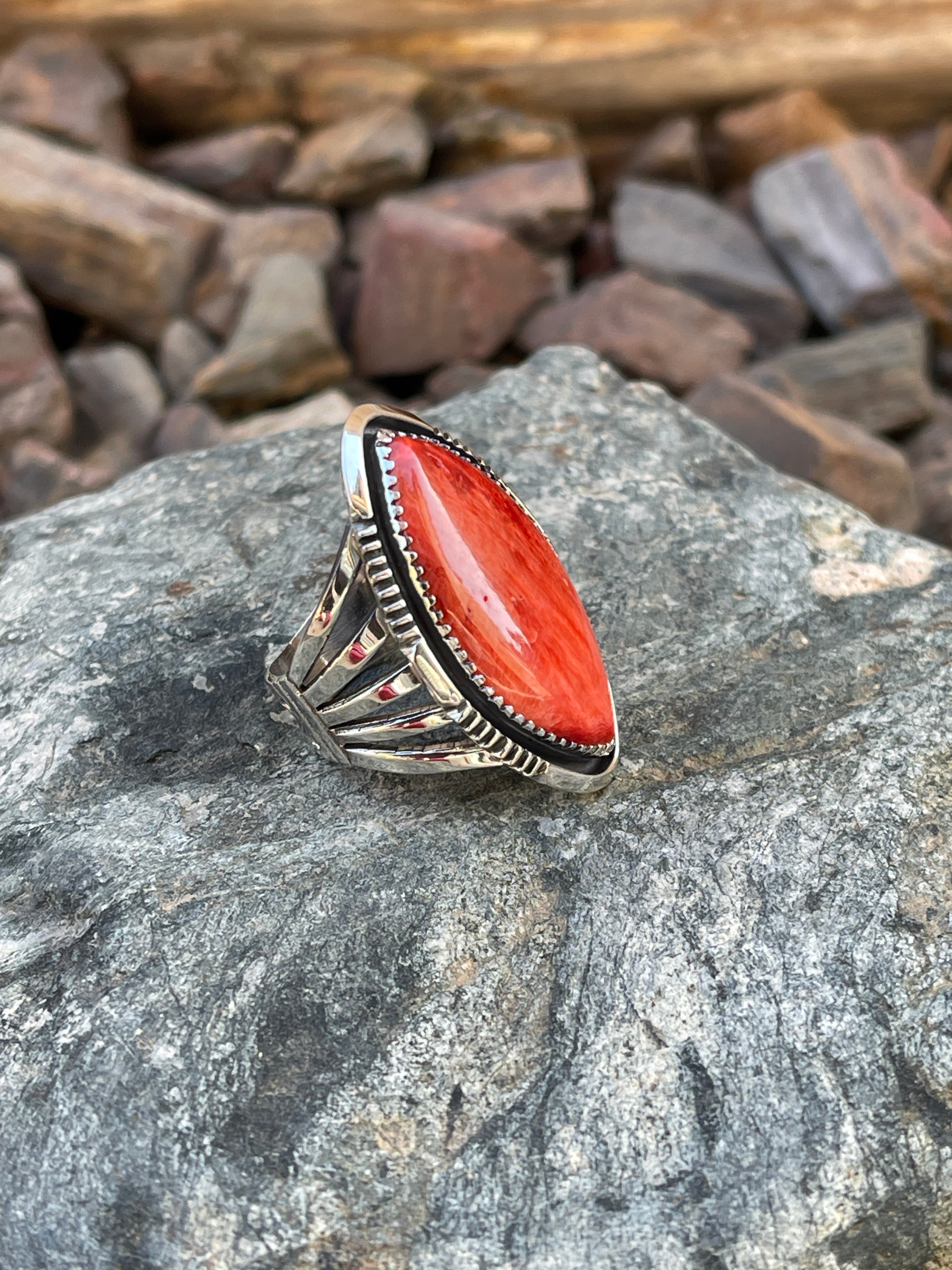 Handmade Sterling Silver Marquis Cut Red Spiny Oyster Ring w/ 5 Prong Ring Shank -Size 8 1/2