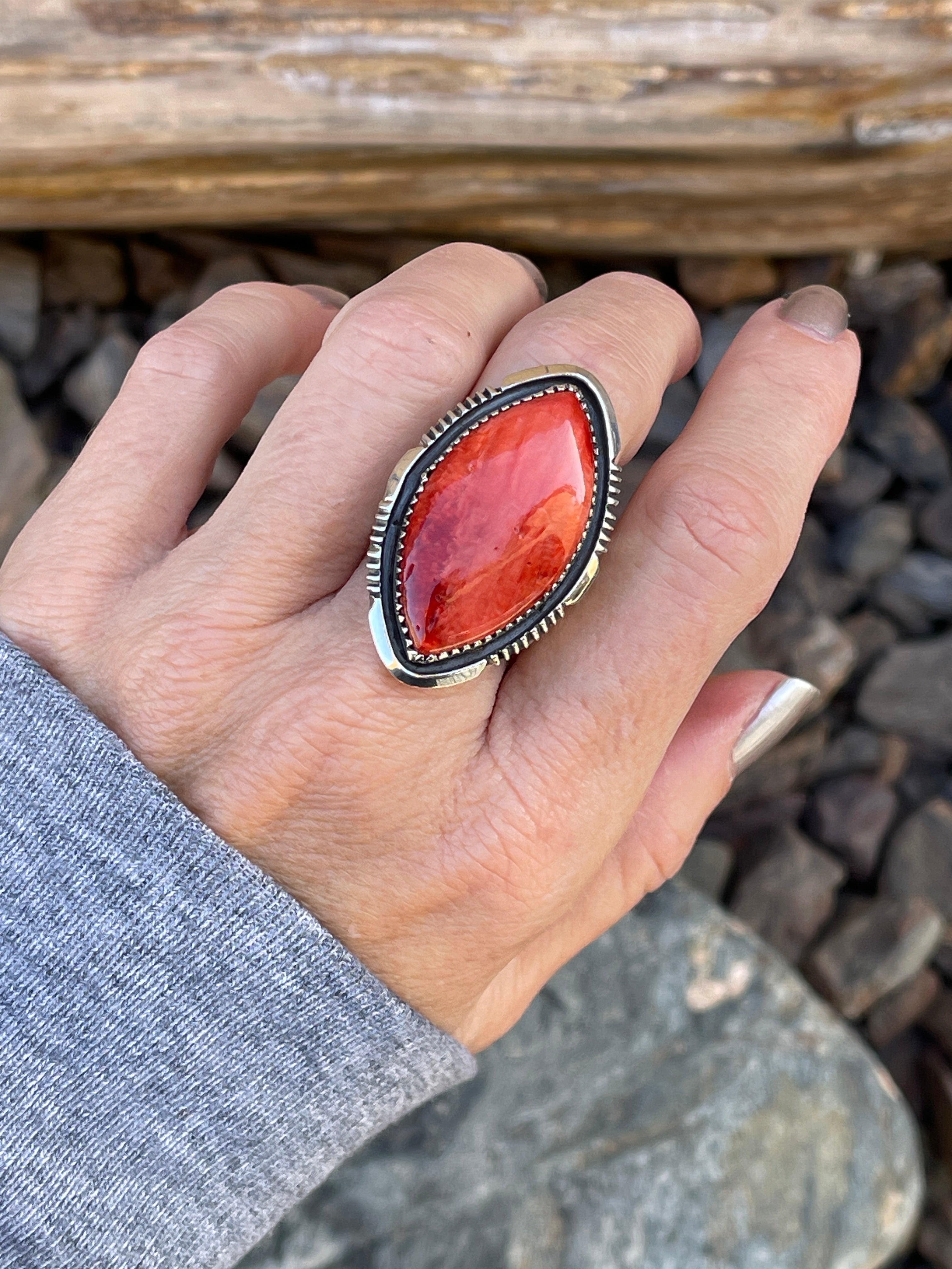 Handmade Sterling Silver Marquis Cut Red Spiny Oyster Ring w/ 5 Prong Ring Shank -Size 8 1/2