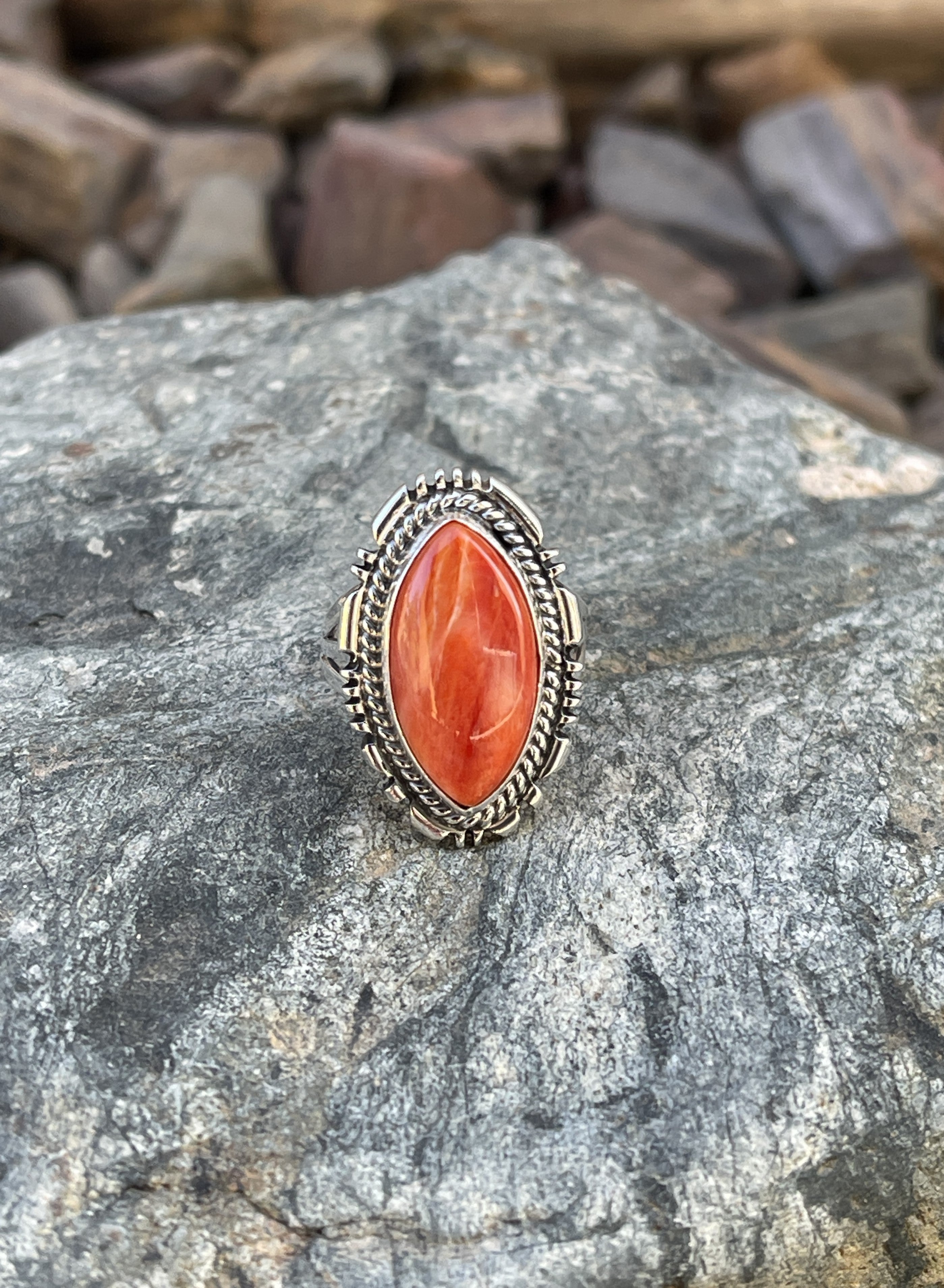 Handmade Sterling Silver Marquis Cut Orange Spiny Oyster Ring - Size 6