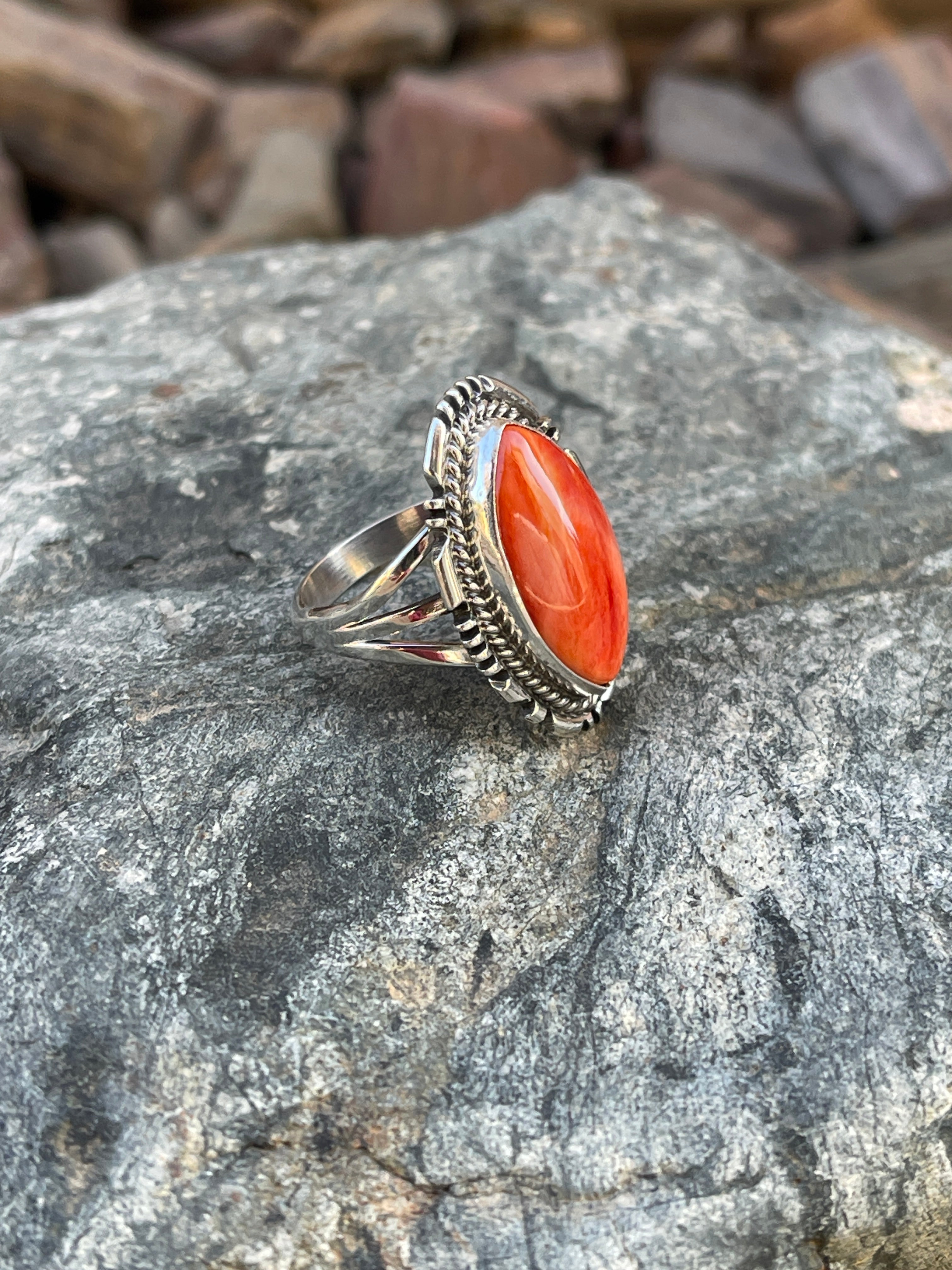 Handmade Sterling Silver Marquis Cut Orange Spiny Oyster Ring - Size 6