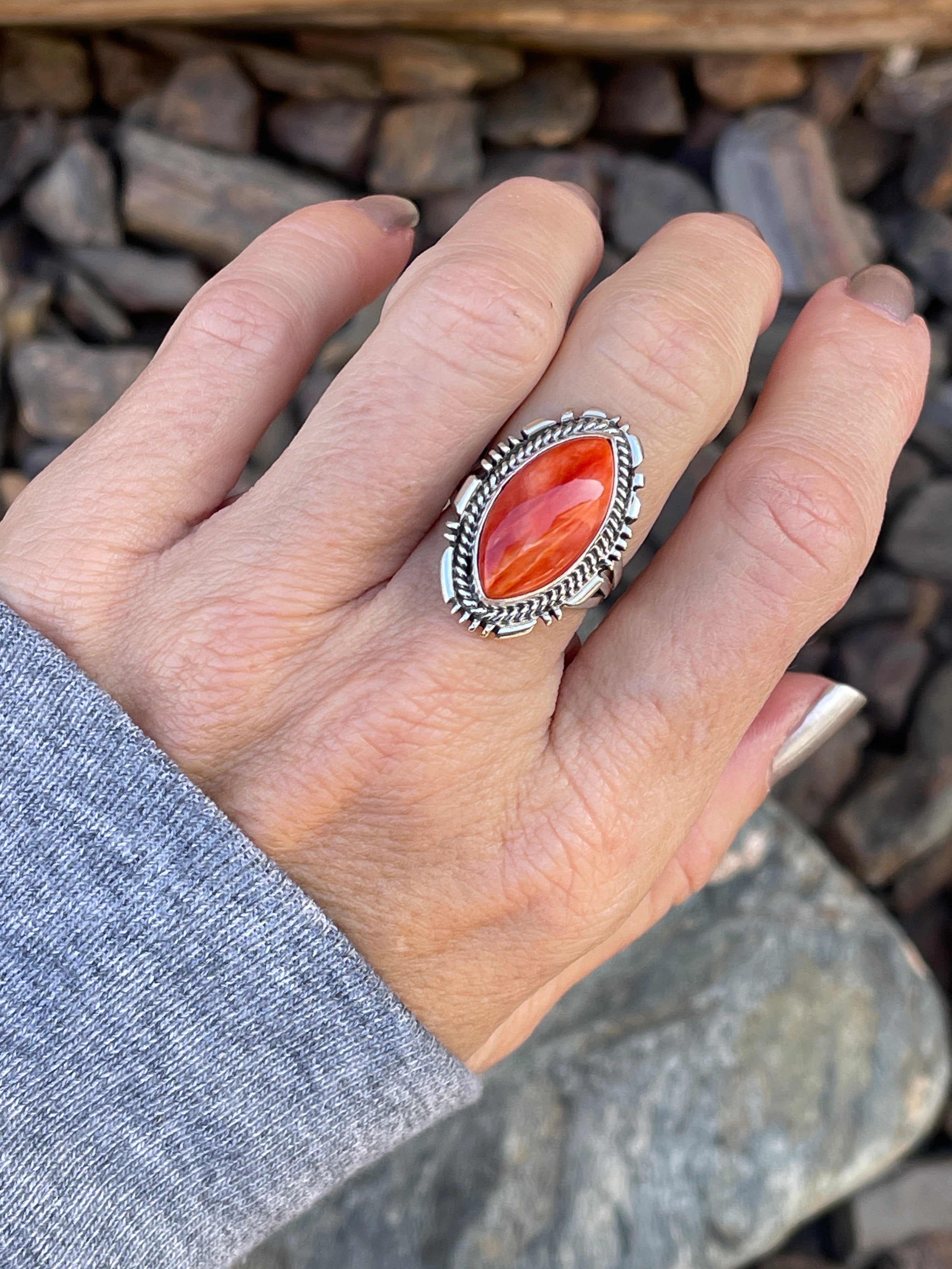 Handmade Sterling Silver Marquis Cut Orange Spiny Oyster Ring - Size 6