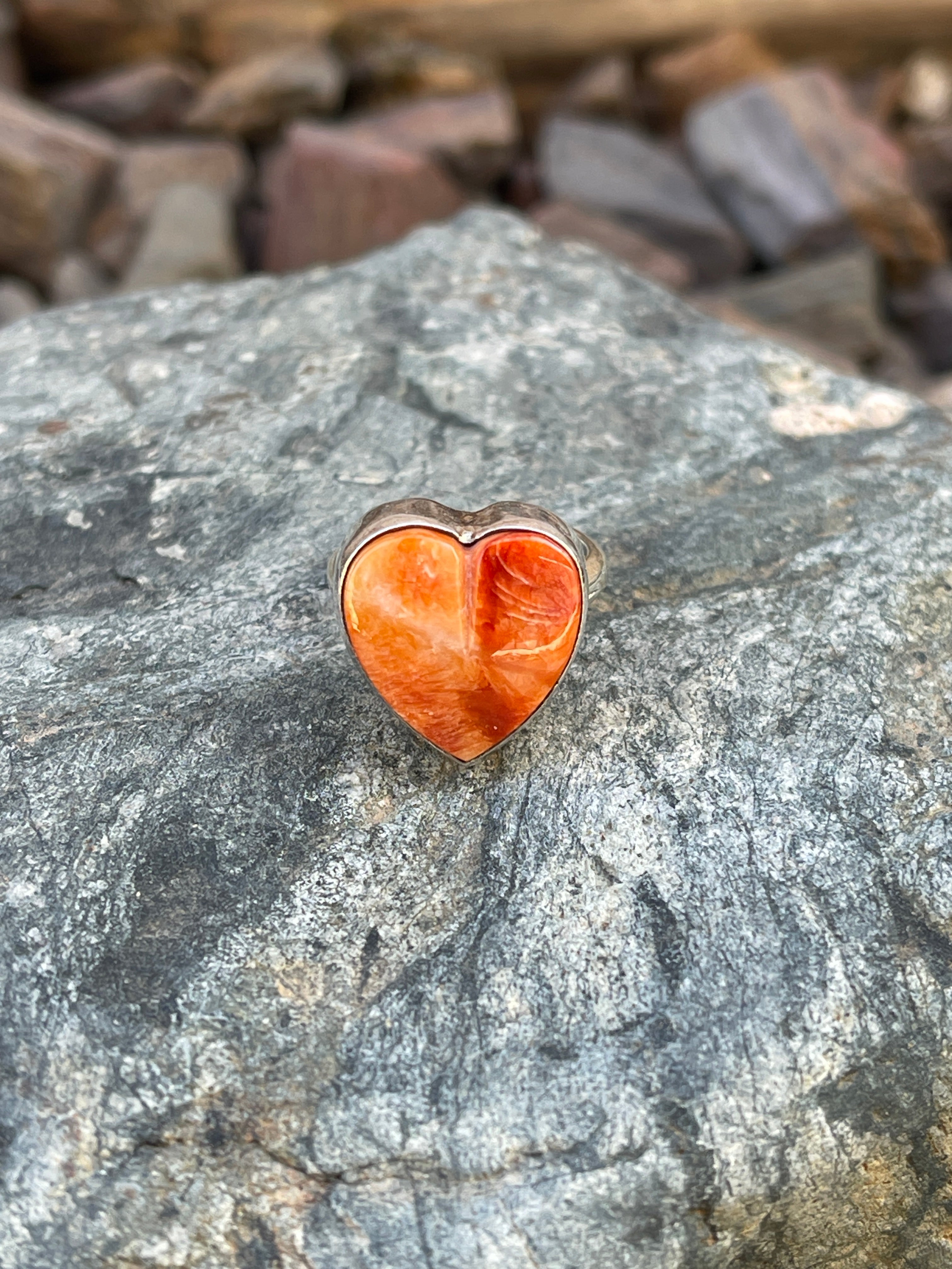 Handmade Sterling Silver Orange Spiny Oyster Heart Ring  -Size 6