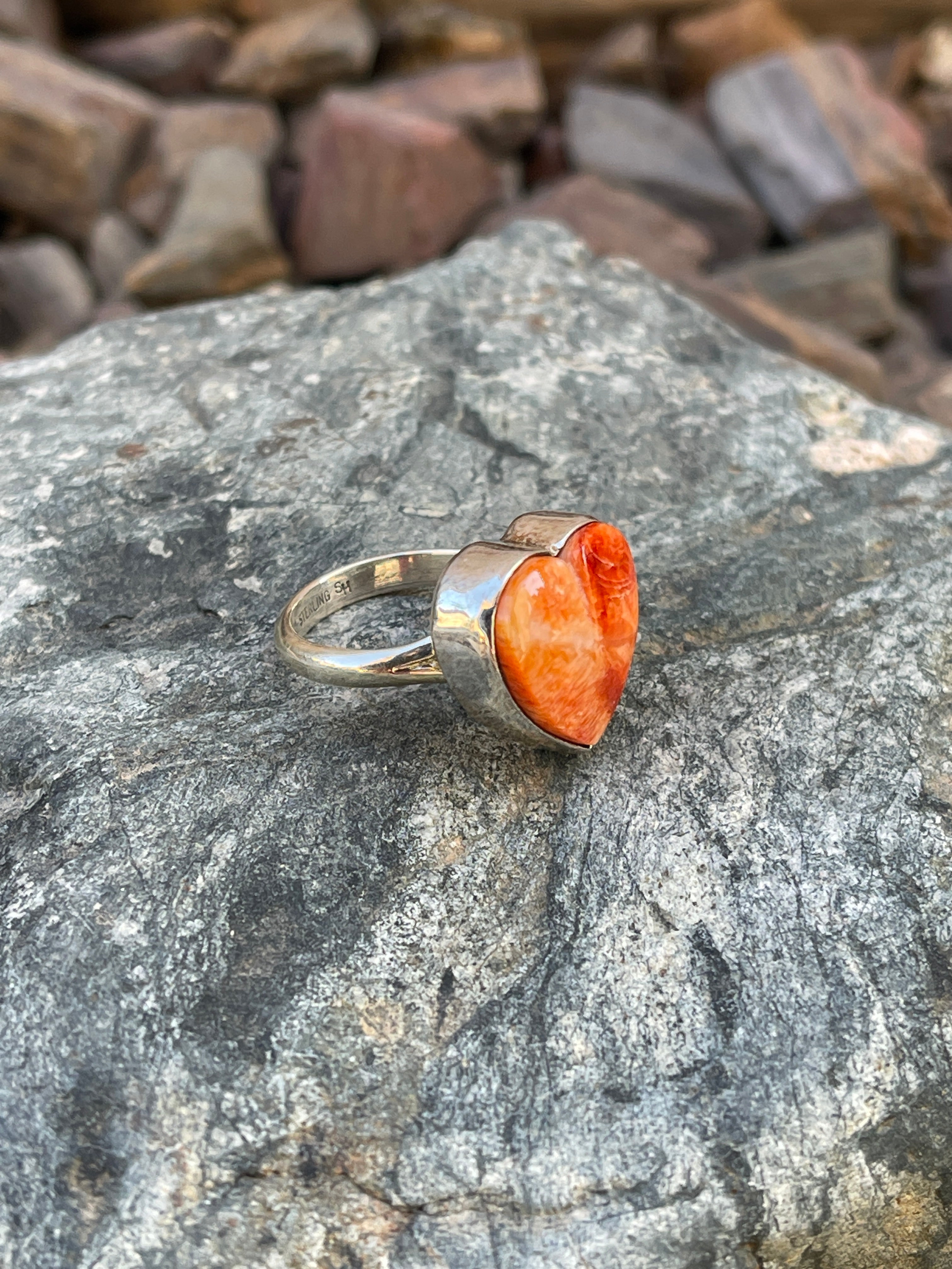 Handmade Sterling Silver Orange Spiny Oyster Heart Ring  -Size 6