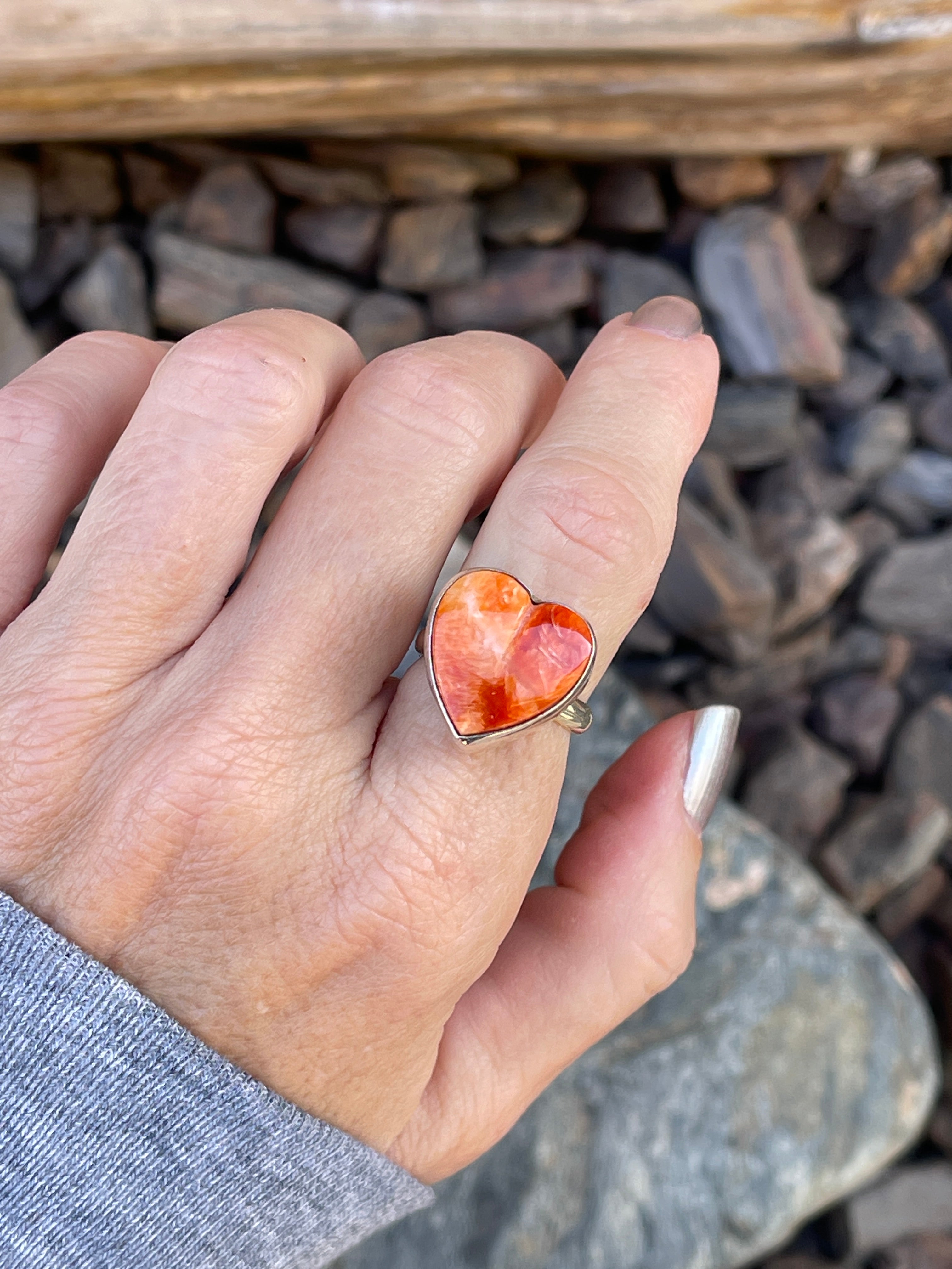 Handmade Sterling Silver Orange Spiny Oyster Heart Ring  -Size 6