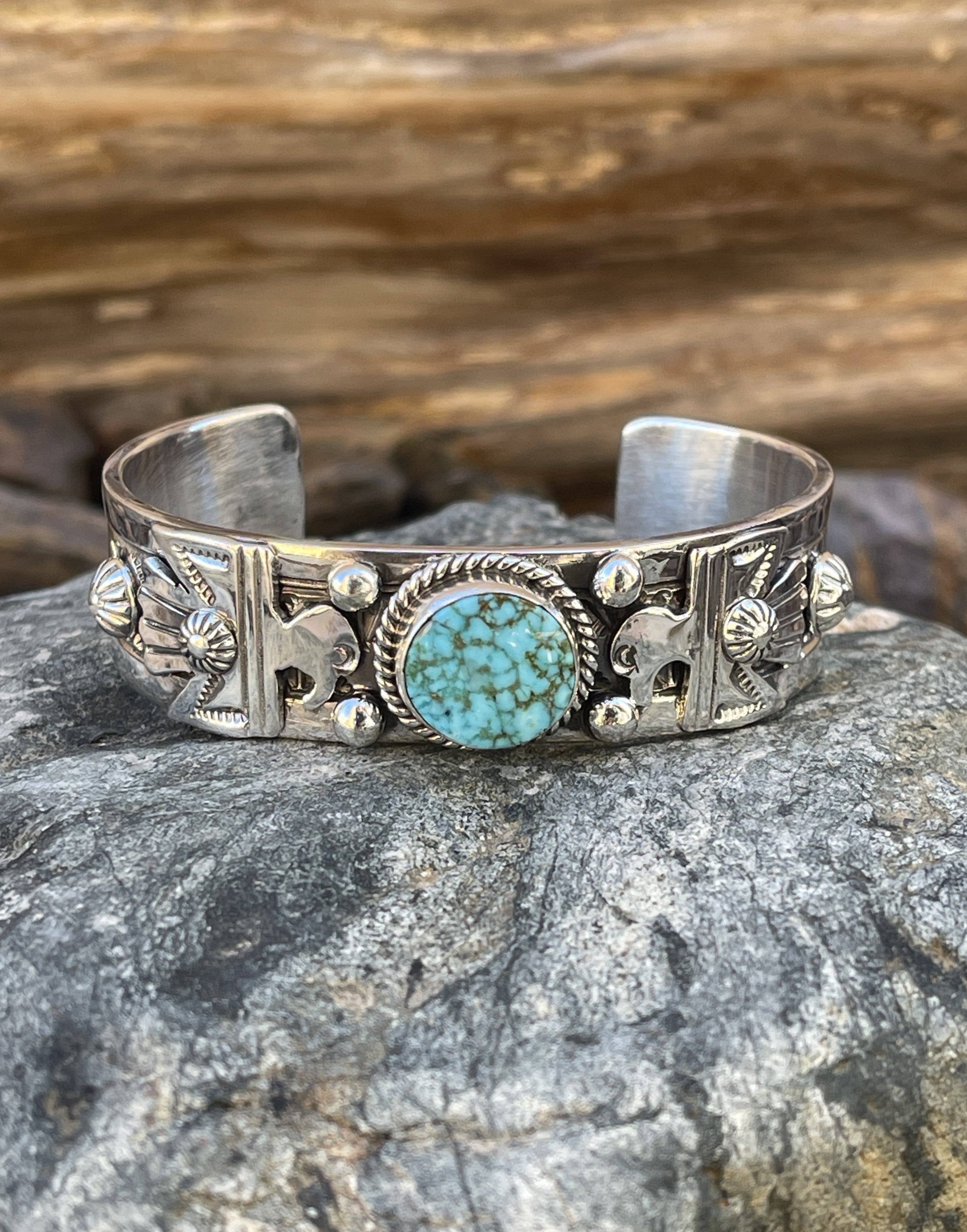 Handmade Solid Sterling Silver Turquoise Mountain Bracelet with Thunderbird Detail