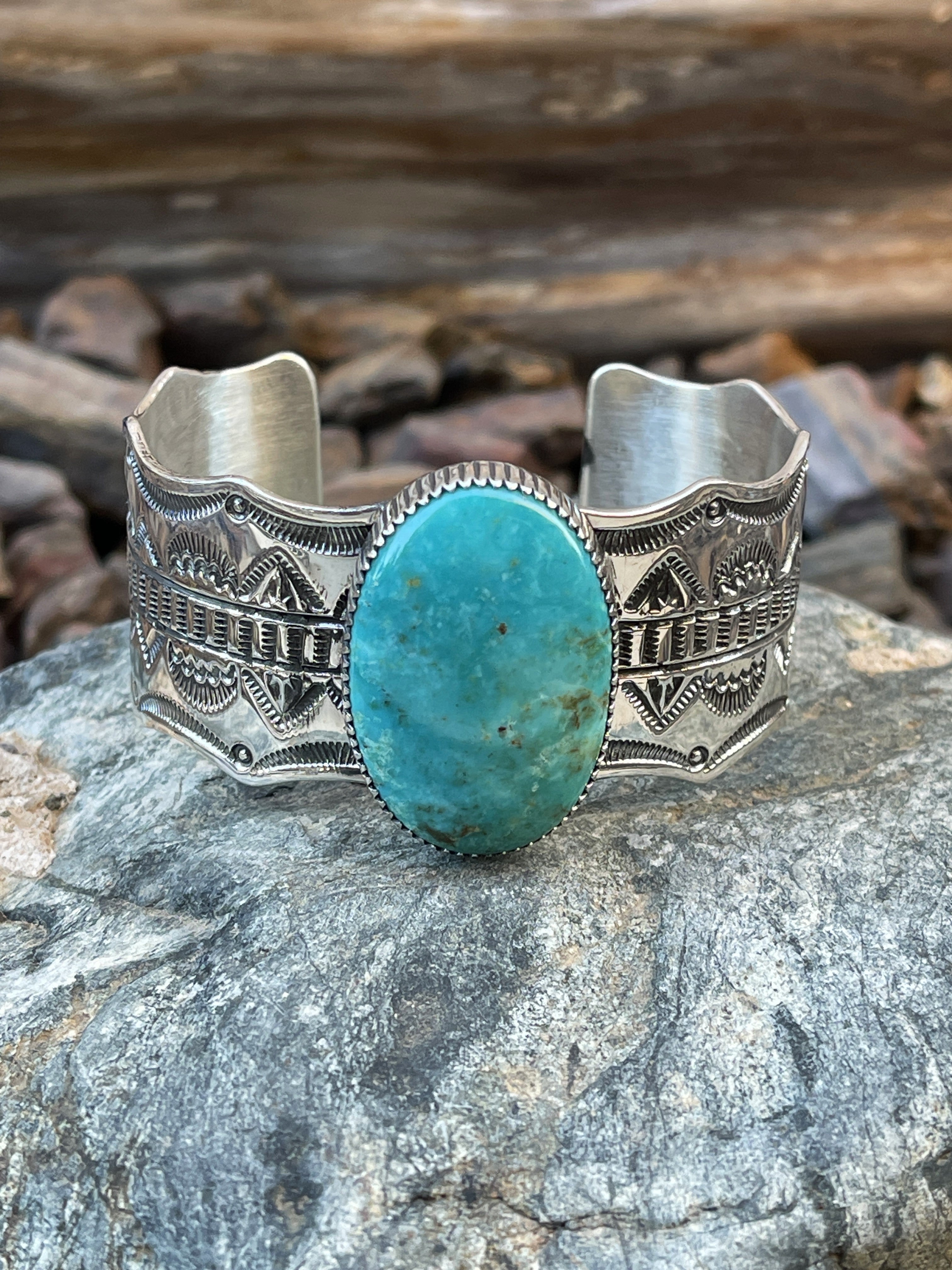 Heavy Gauge Handmade Solid Sterling Silver Kingman Turquoise Cuff with Scallop Trim