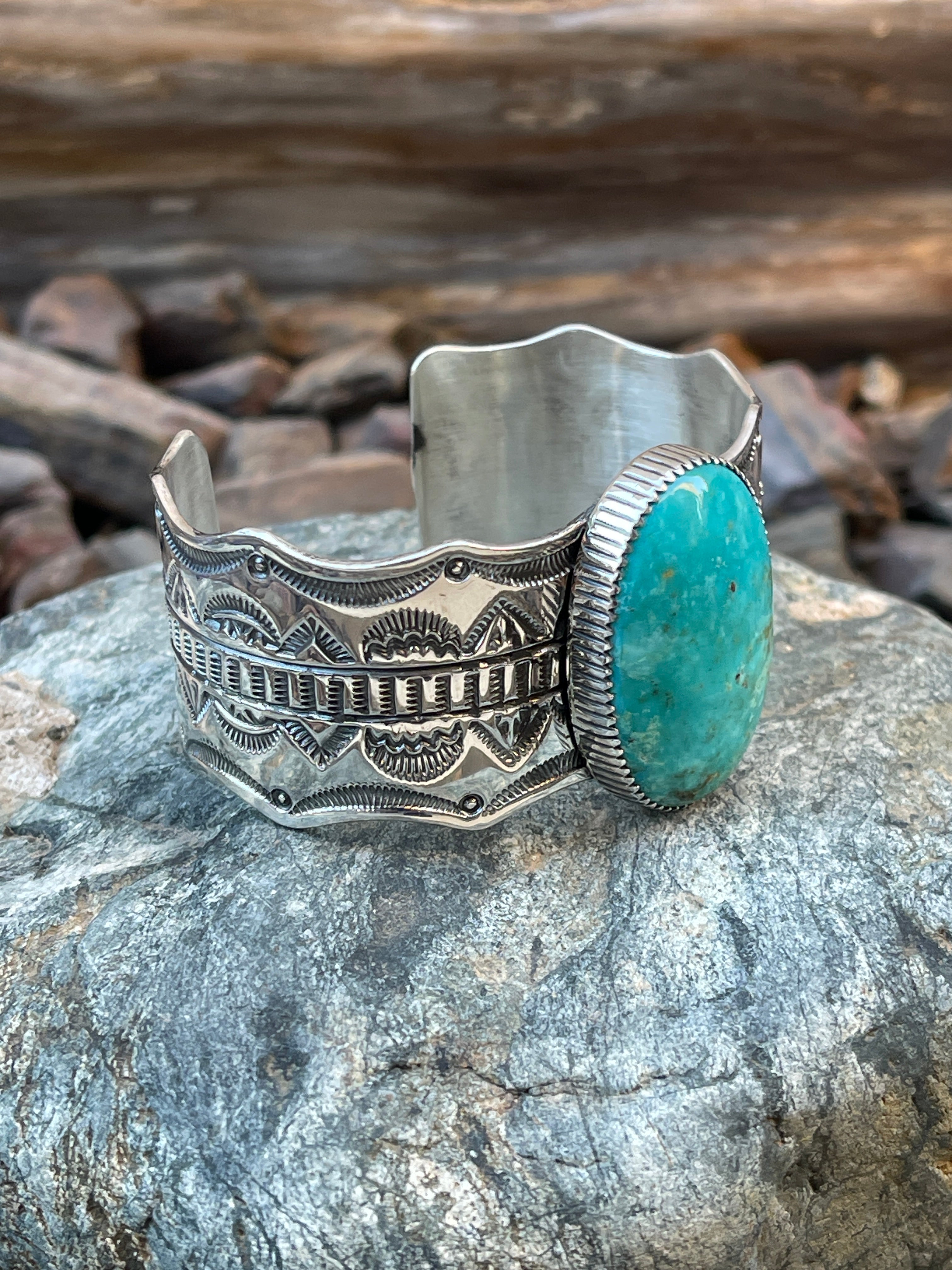 Heavy Gauge Handmade Solid Sterling Silver Kingman Turquoise Cuff with Scallop Trim