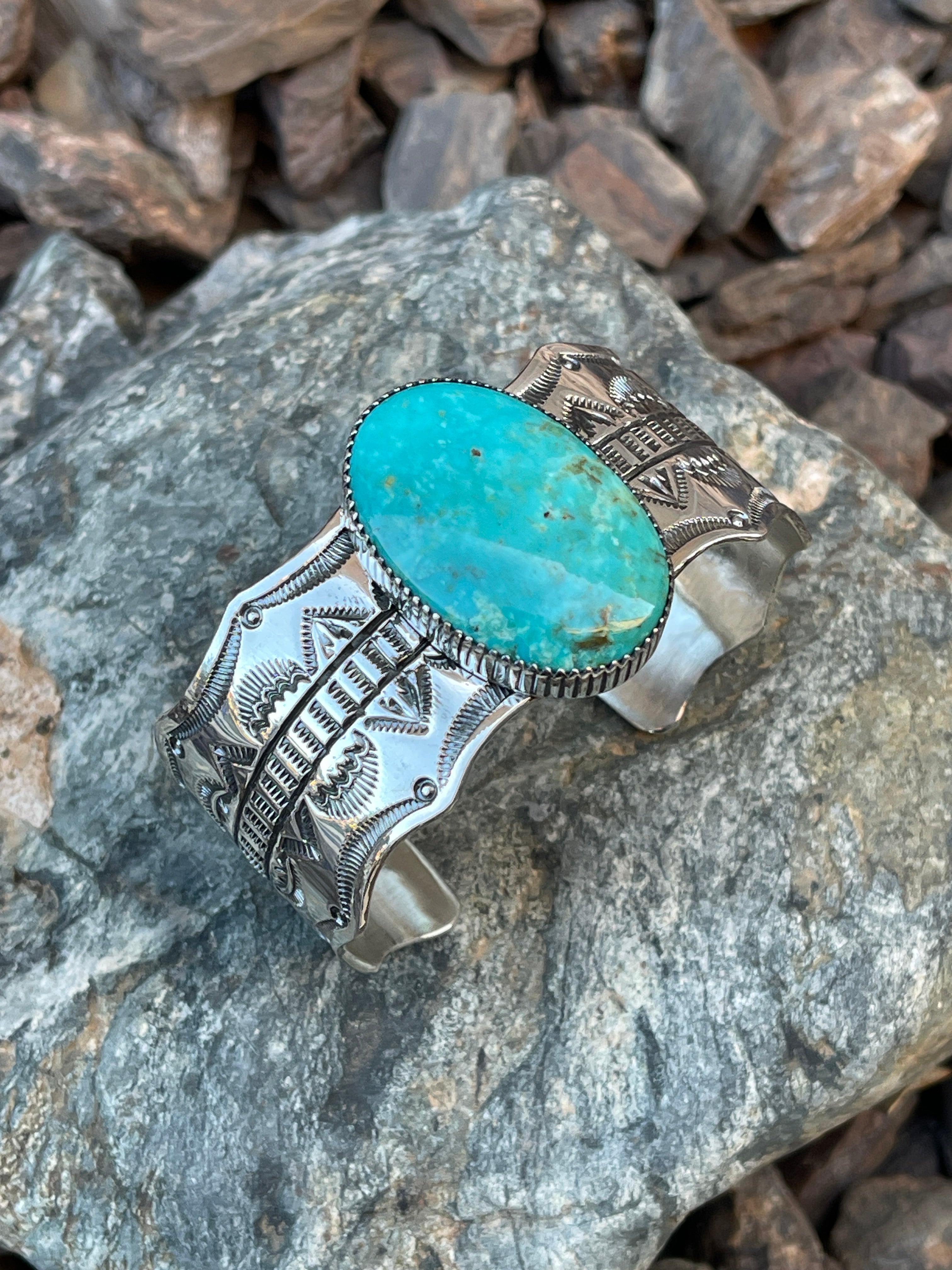 Heavy Gauge Handmade Solid Sterling Silver Kingman Turquoise Cuff with Scallop Trim