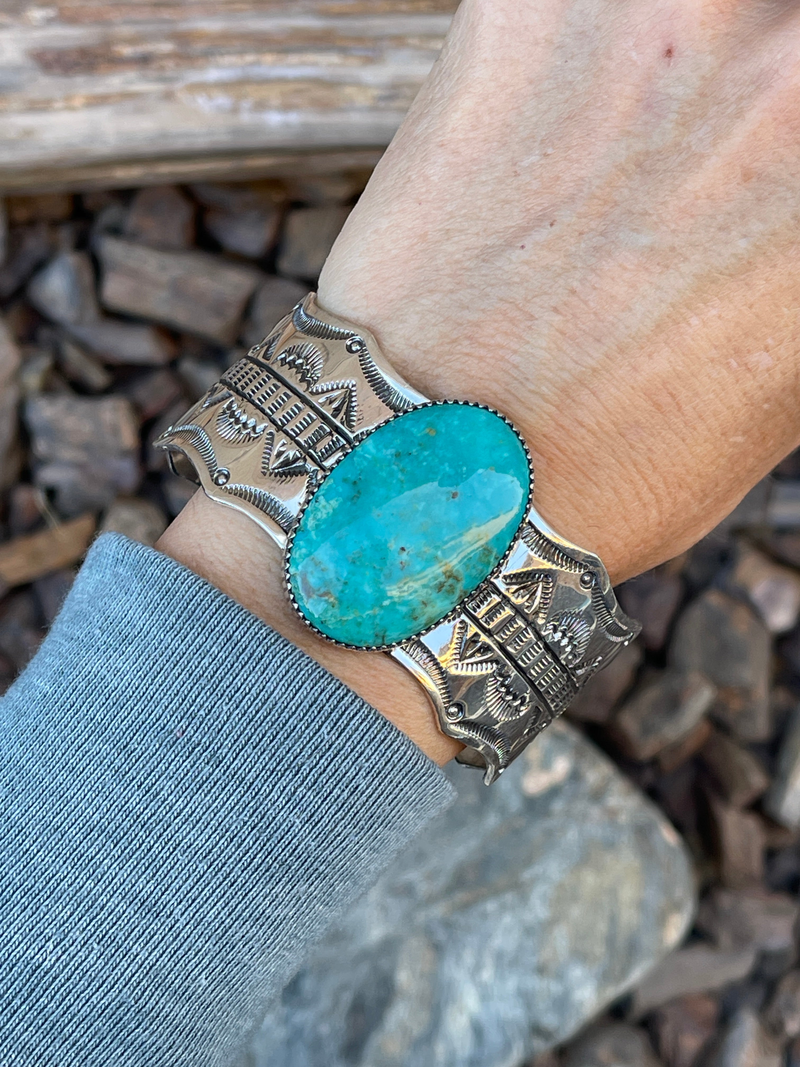 Heavy Gauge Handmade Solid Sterling Silver Kingman Turquoise Cuff with Scallop Trim