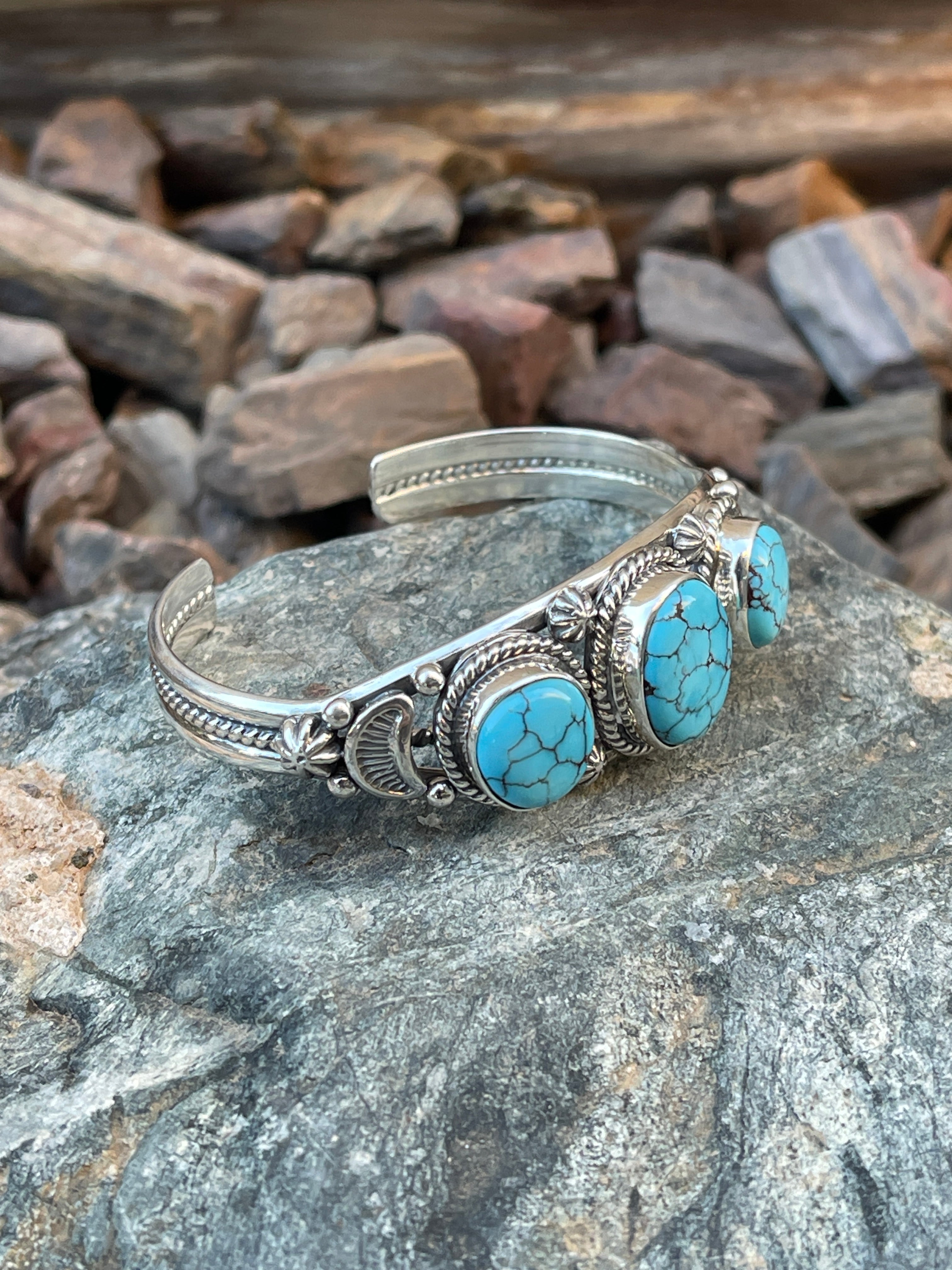 Handmade Solid Sterling Silver Three Stone Number Eight Turquoise Bracelet