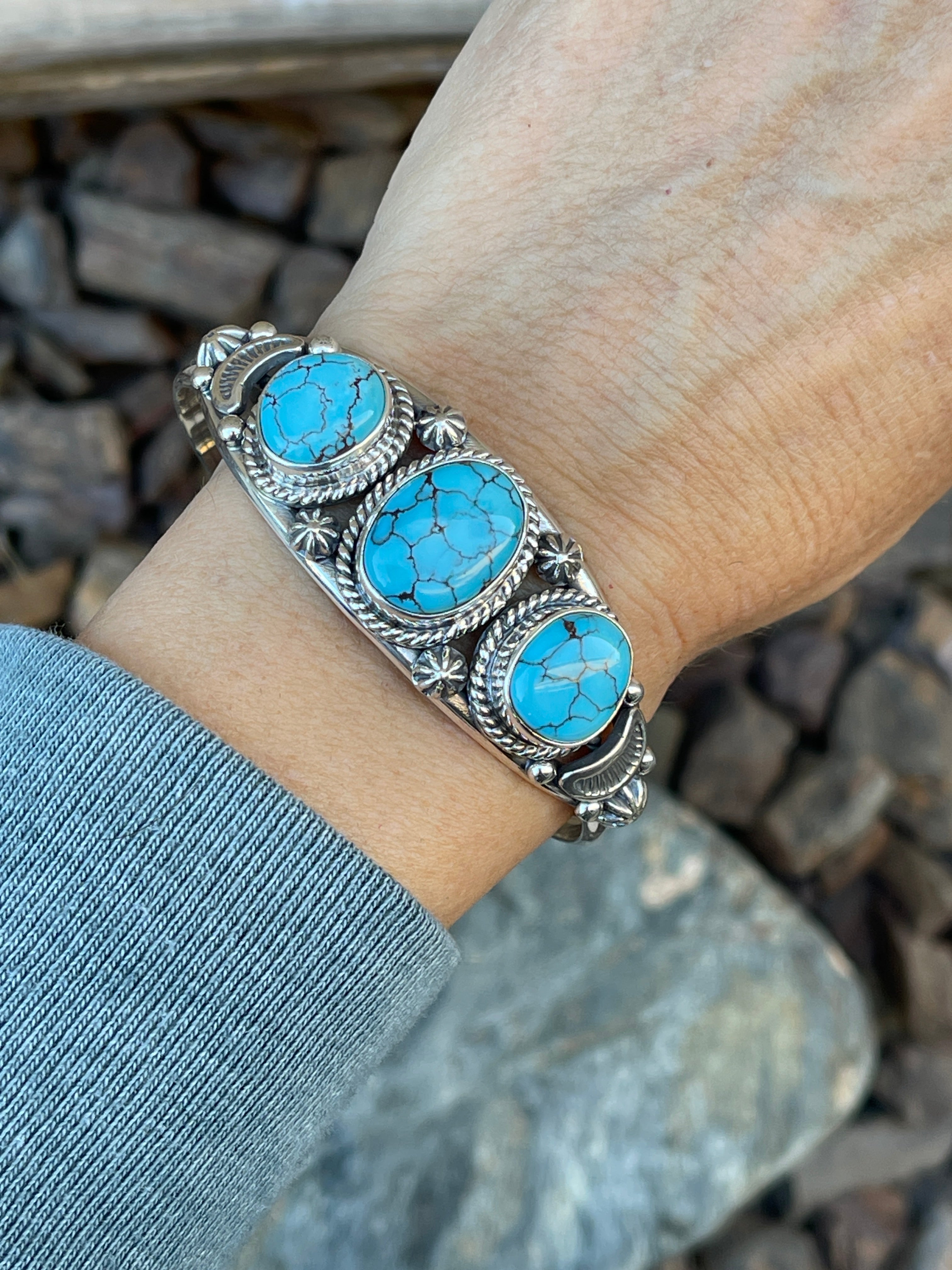 Handmade Solid Sterling Silver Three Stone Number Eight Turquoise Bracelet