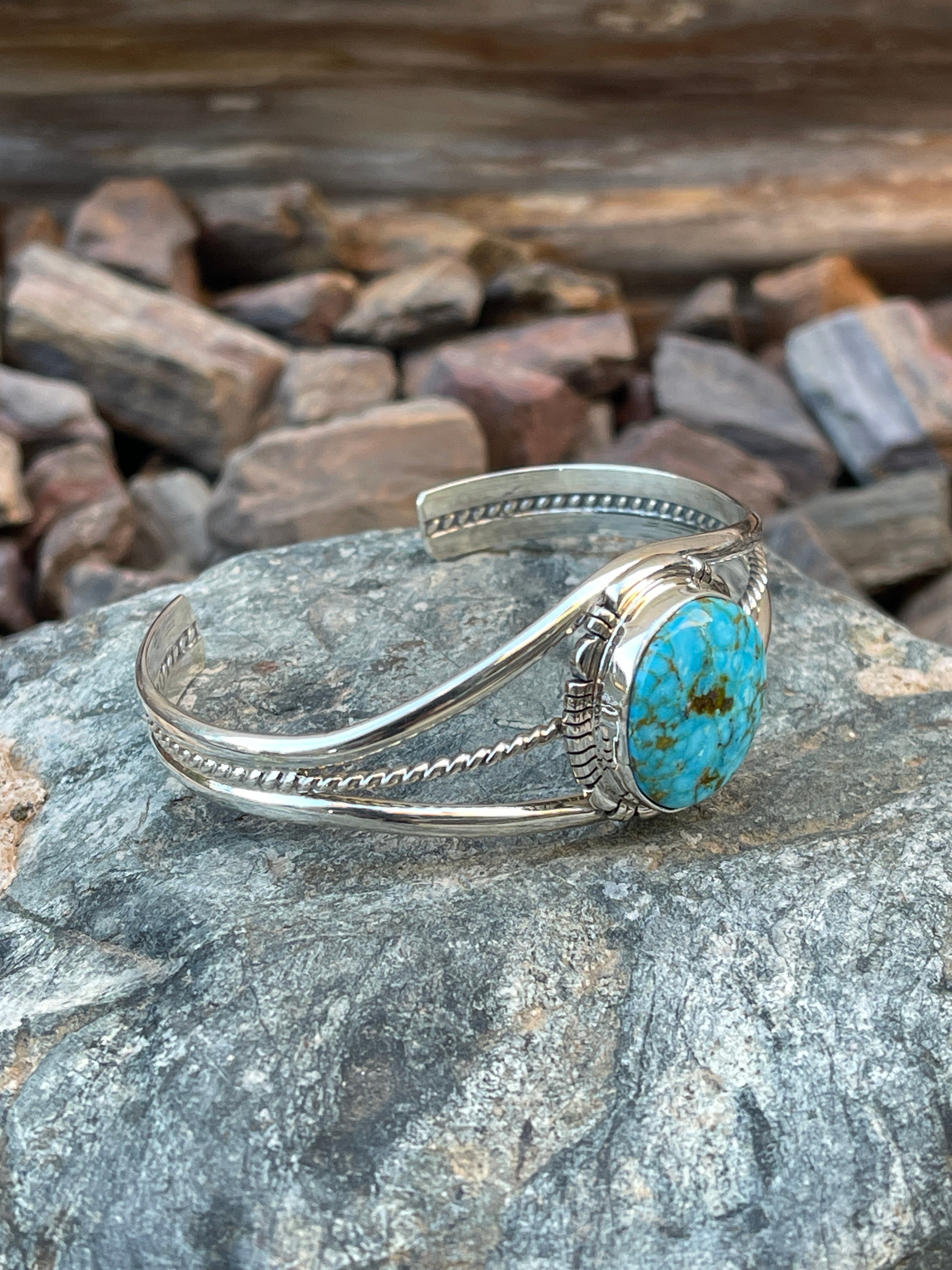 Handmade Solid Sterling Silver Turquoise Mountain Triple Wire Bracelet