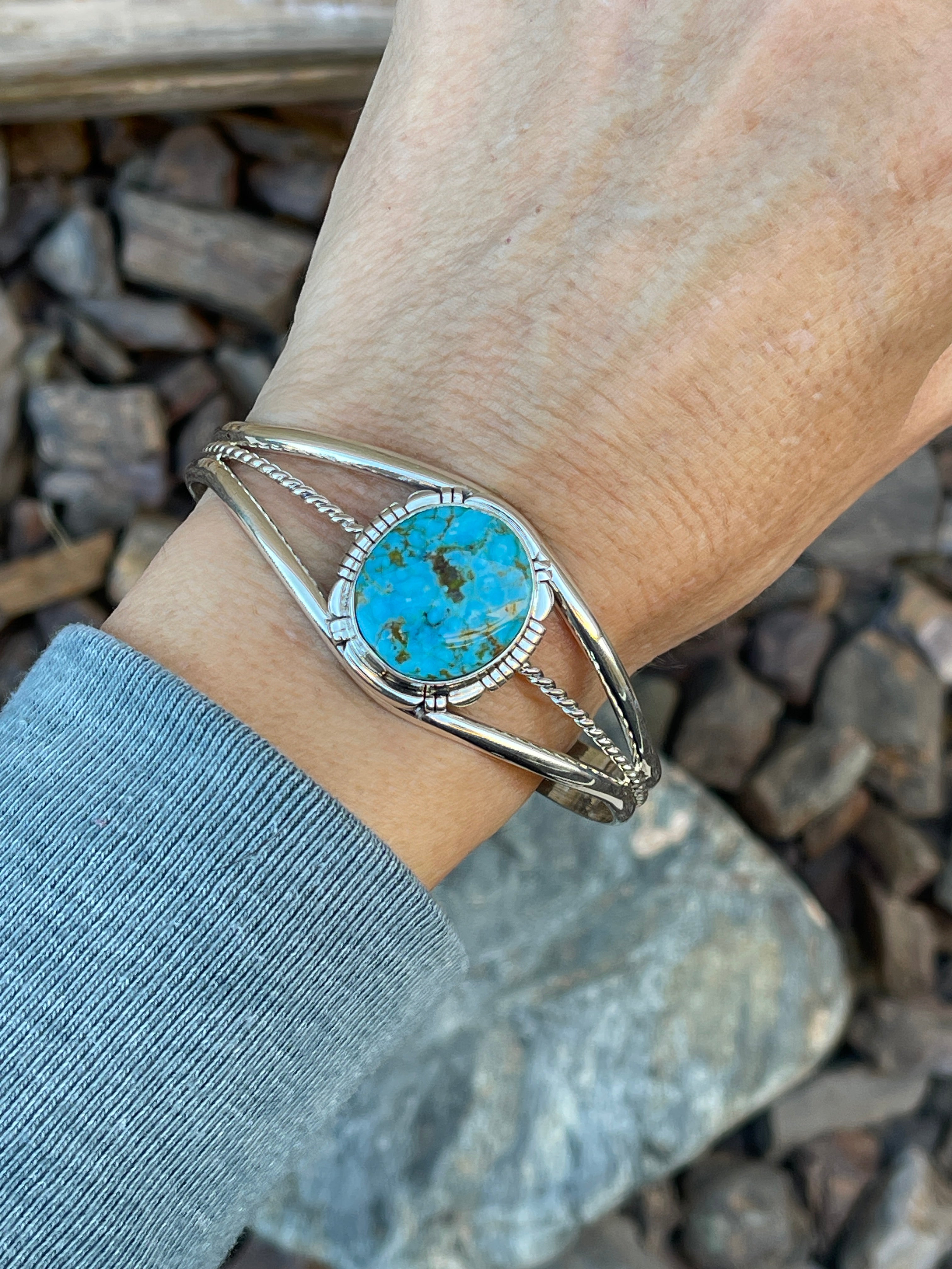 Handmade Solid Sterling Silver Turquoise Mountain Triple Wire Bracelet