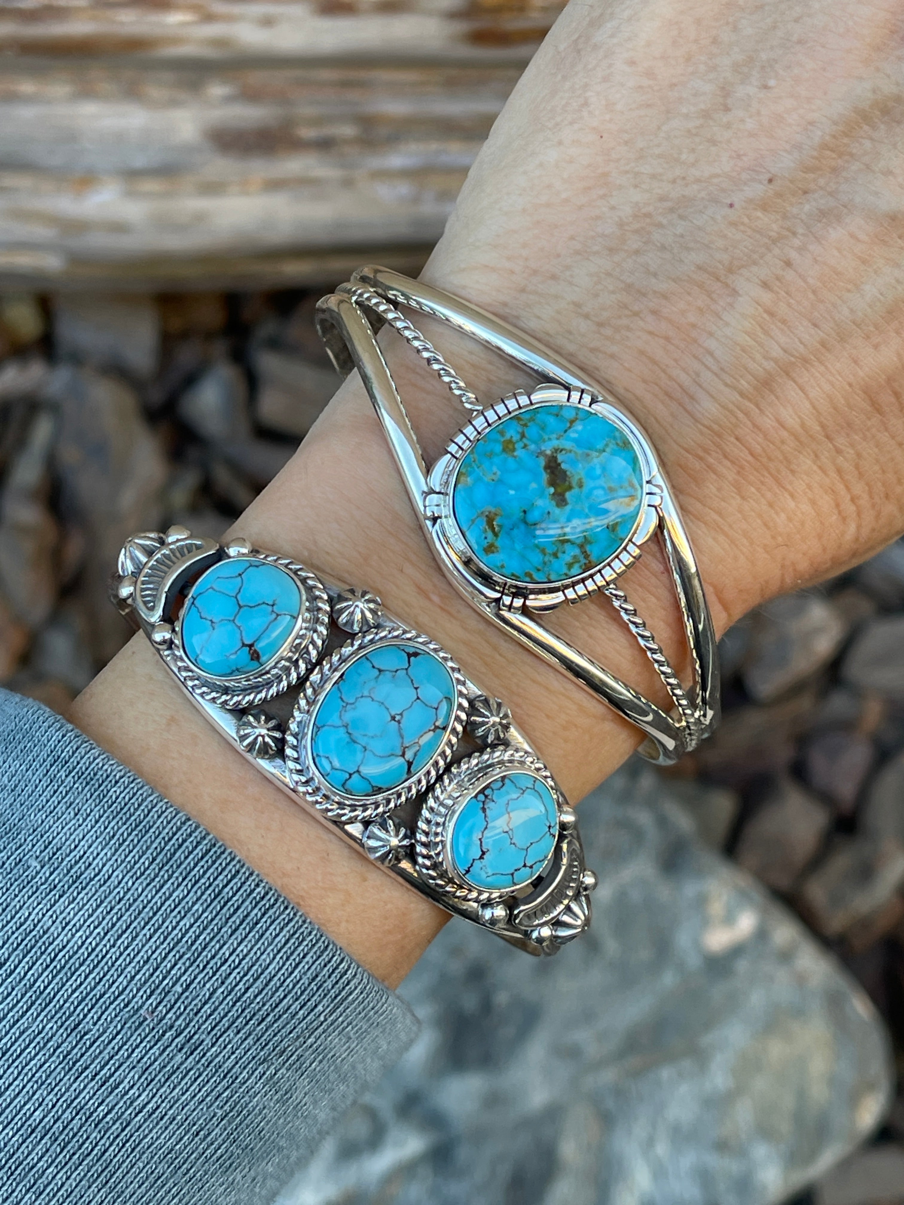 Handmade Solid Sterling Silver Turquoise Mountain Triple Wire Bracelet