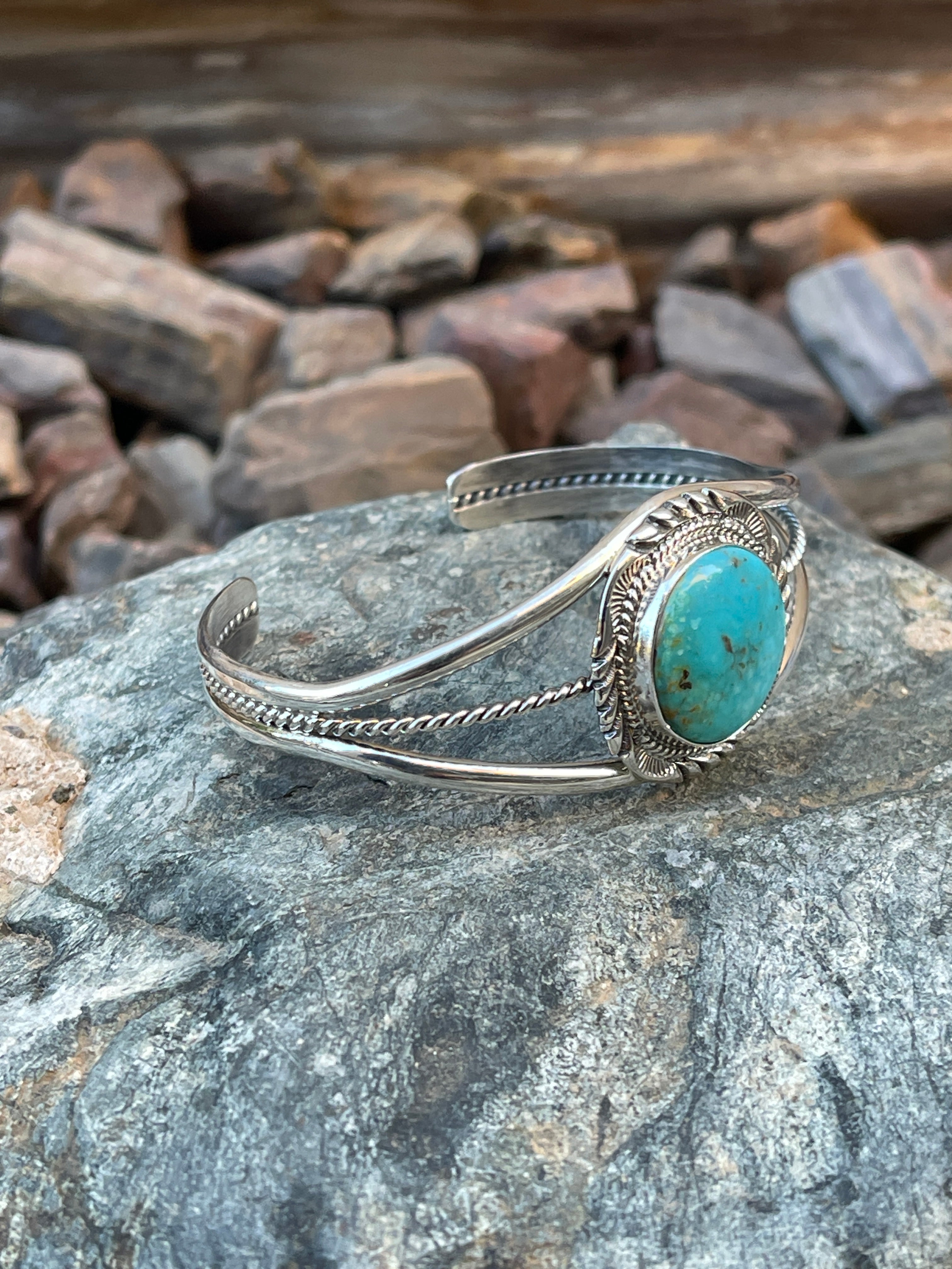 Handmade Solid Sterling Silver Kingman Turquoise Triple Wire Bracelet