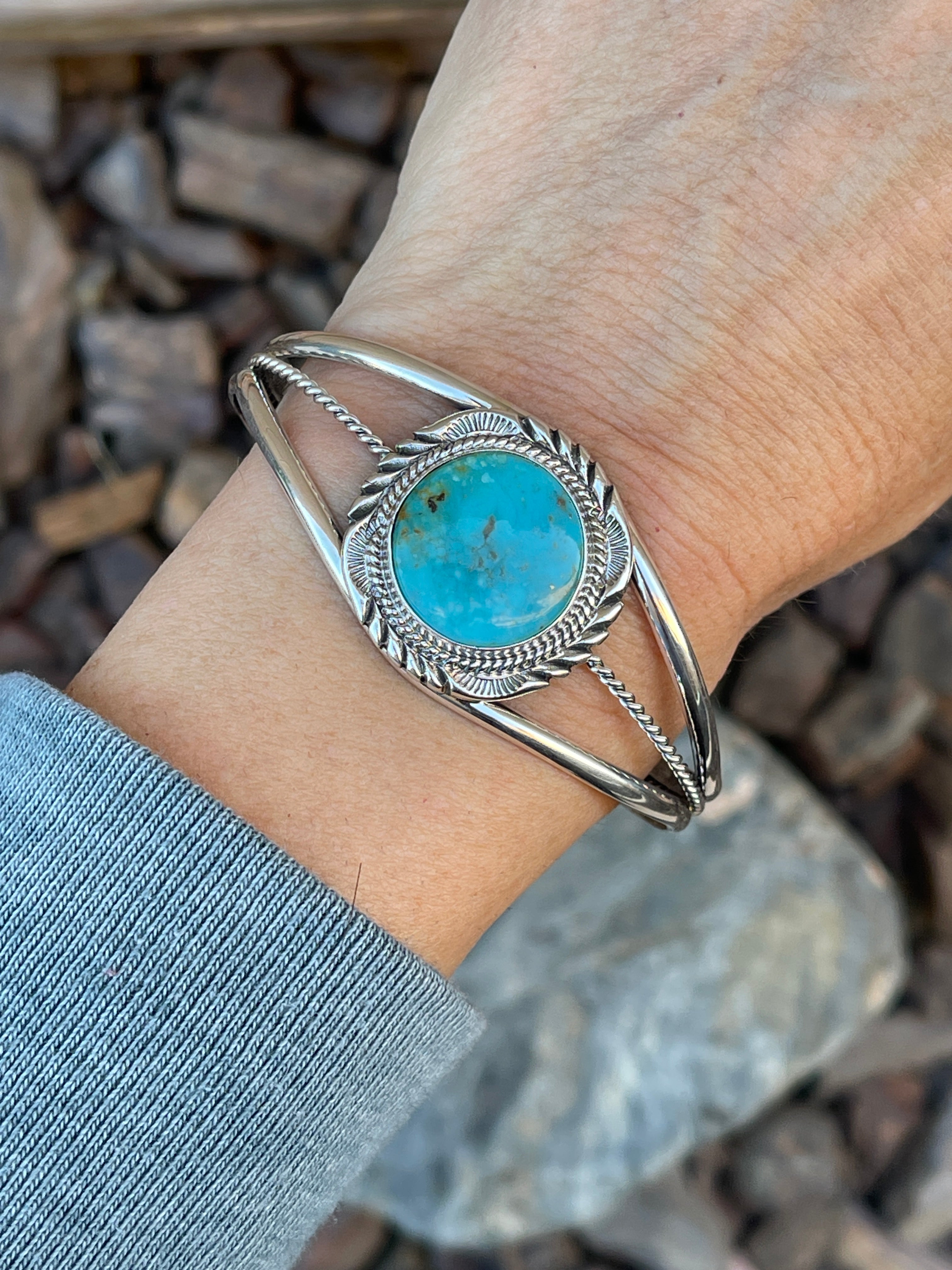 Handmade Solid Sterling Silver Kingman Turquoise Triple Wire Bracelet