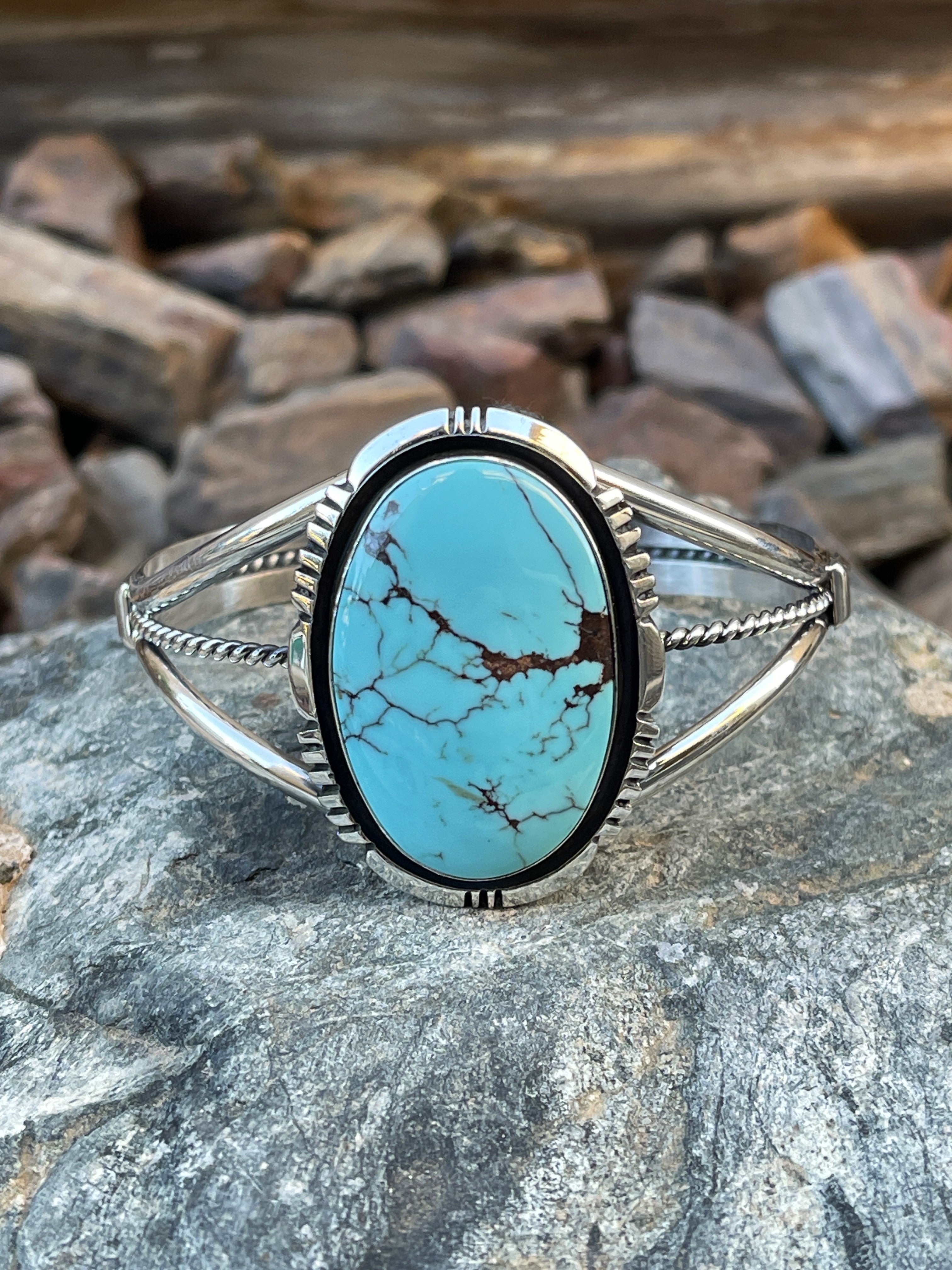 Signature Handmade Solid Sterling Silver Number Eight Turquoise Bracelet with Shadow Box Trim