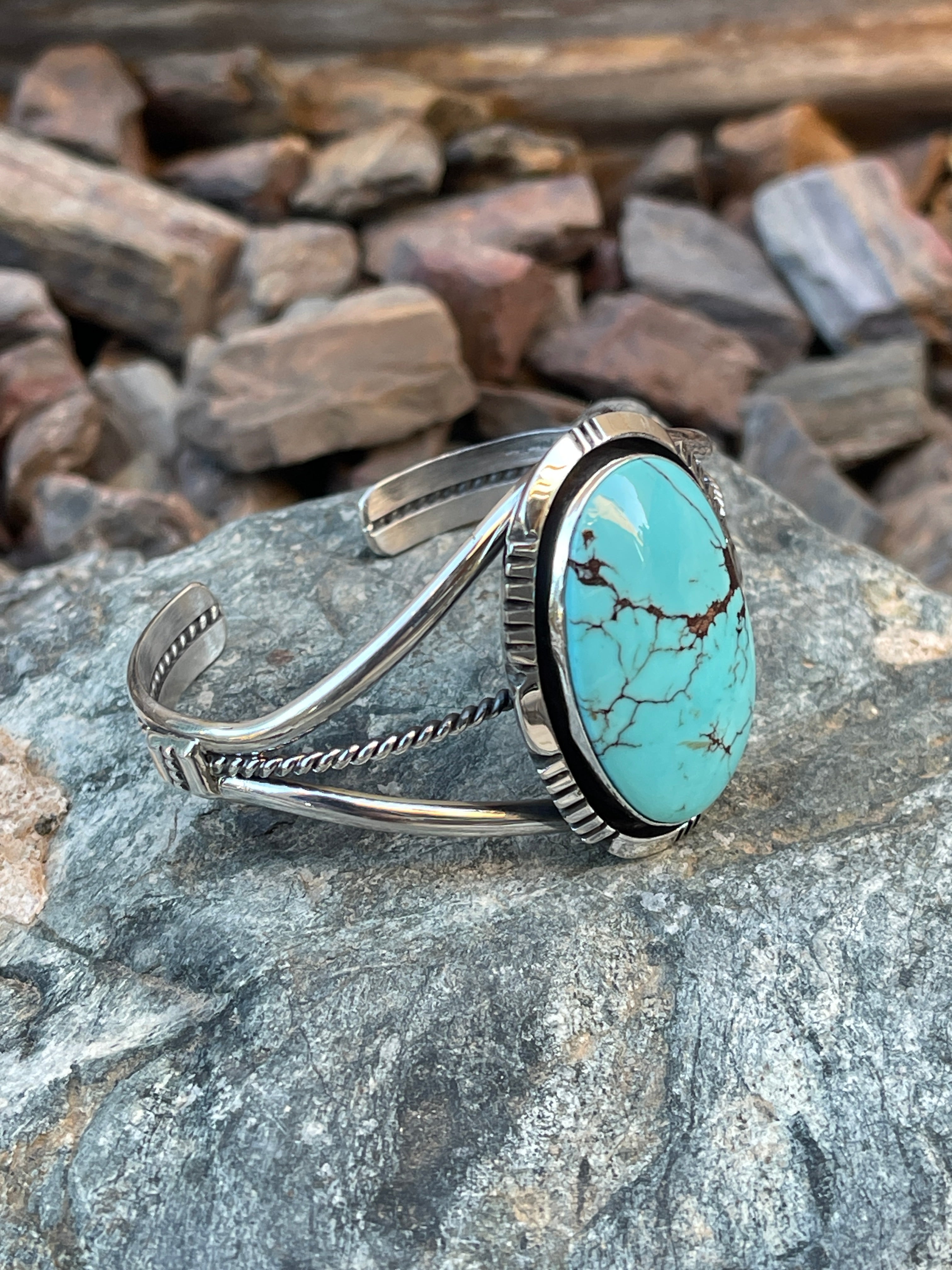 Signature Handmade Solid Sterling Silver Number Eight Turquoise Bracelet with Shadow Box Trim