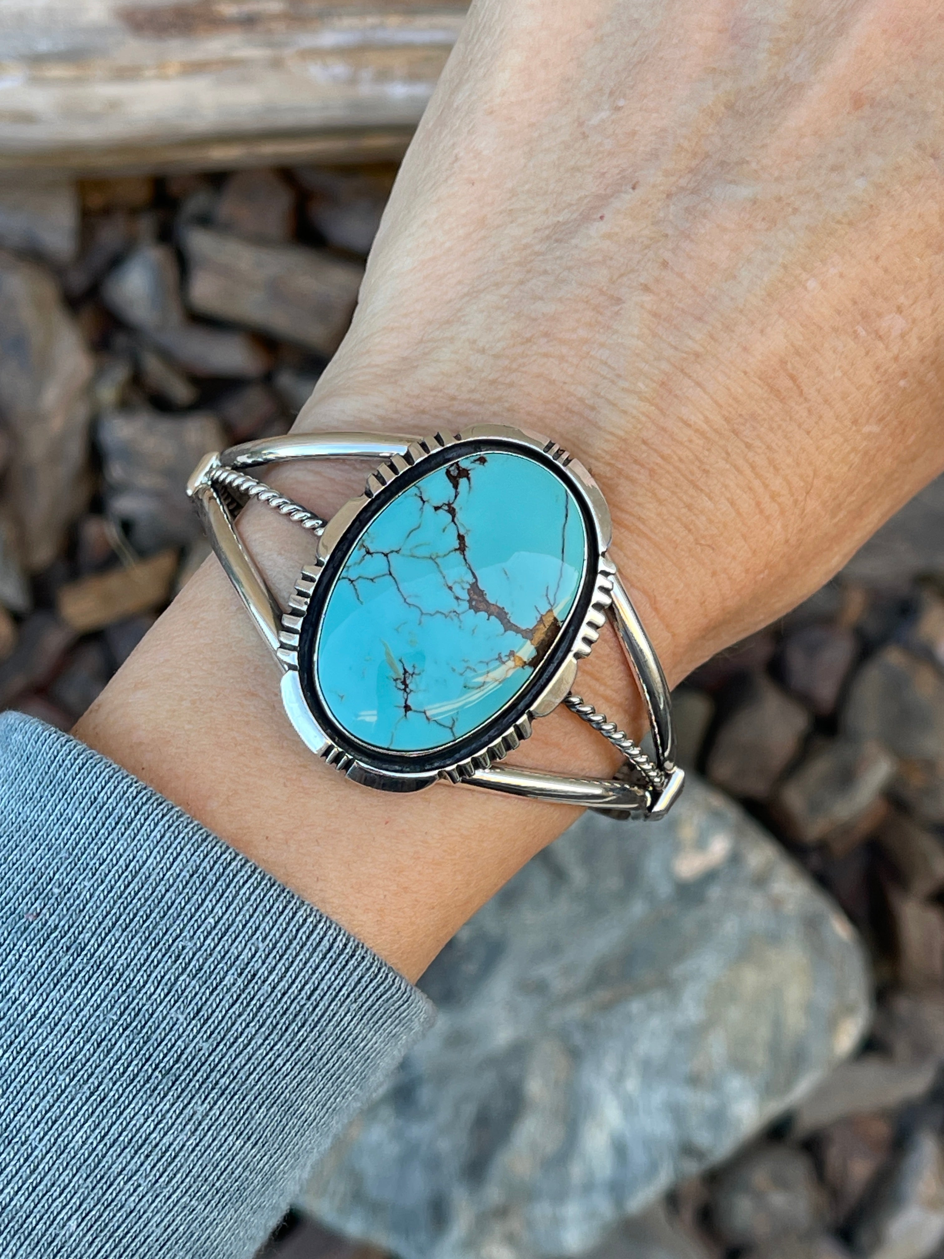 Signature Handmade Solid Sterling Silver Number Eight Turquoise Bracelet with Shadow Box Trim