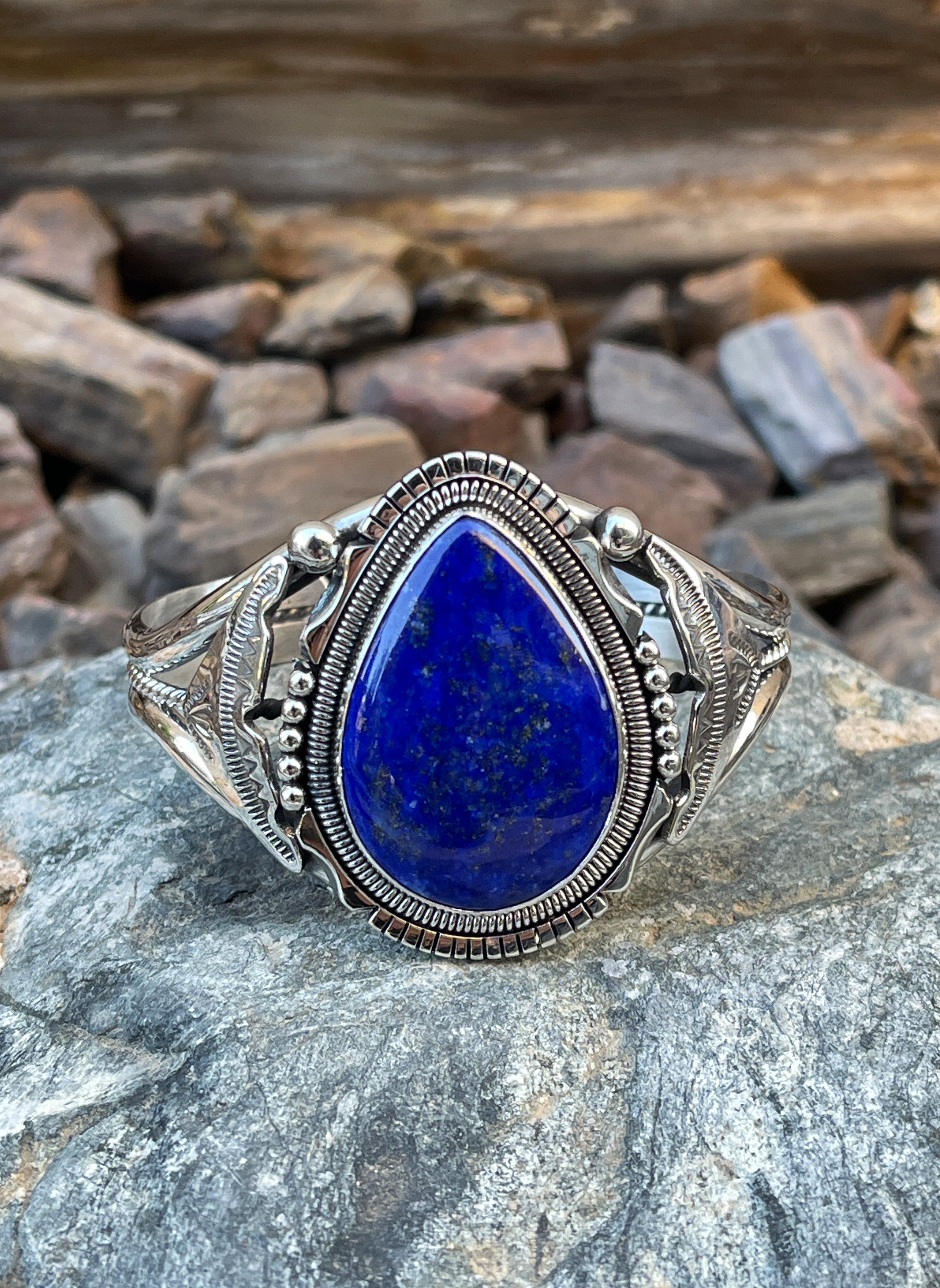 Handmade Solid Sterling Silver Blue Lapis Bracelet with Coil Detail