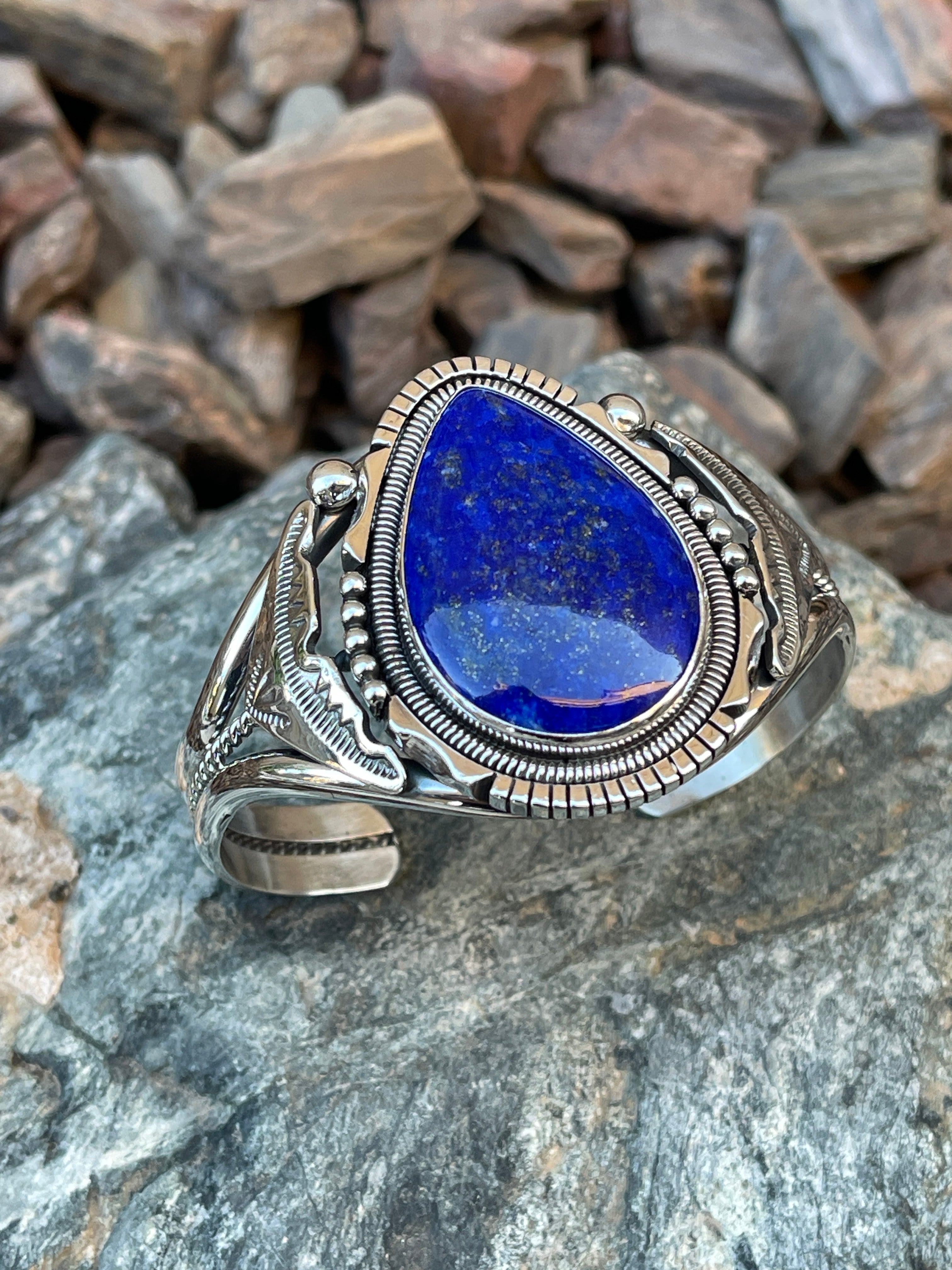 Handmade Solid Sterling Silver Blue Lapis Bracelet with Coil Detail