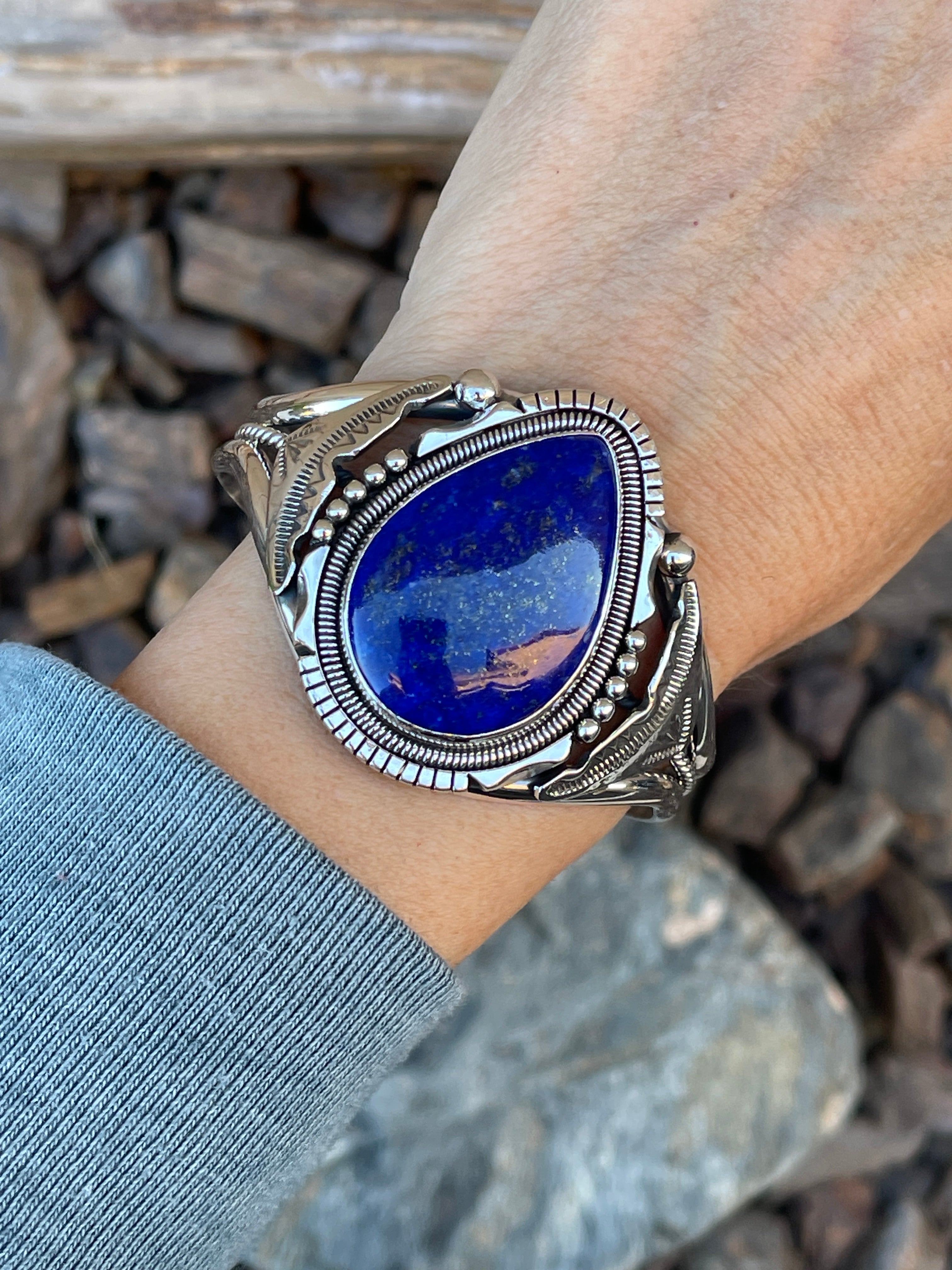 Handmade Solid Sterling Silver Blue Lapis Bracelet with Coil Detail