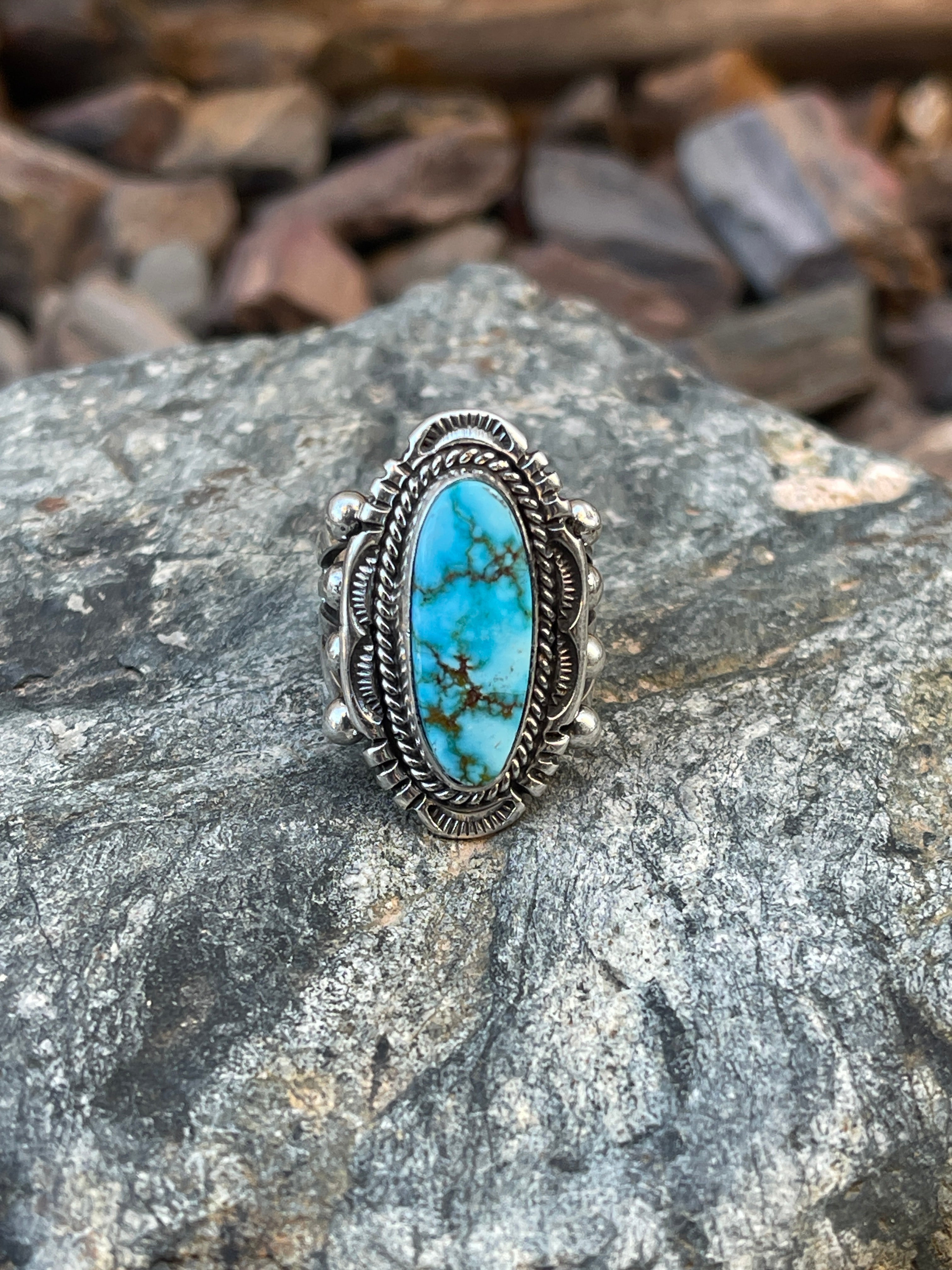 Signature Handmade Solid Sterling Silver Turquoise Mountain Ring with Stamp Detail  - Size 6