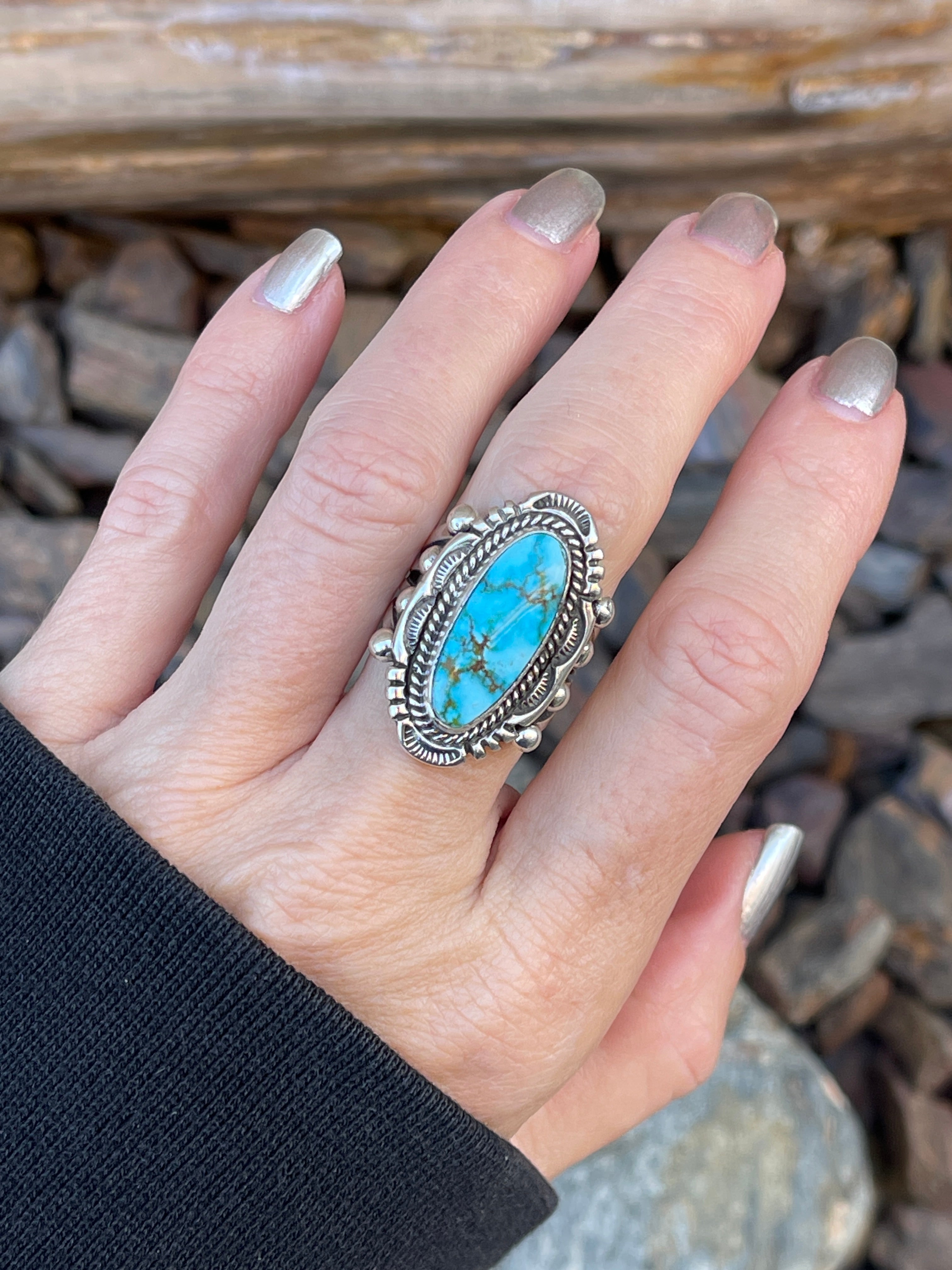 Signature Handmade Solid Sterling Silver Turquoise Mountain Ring with Stamp Detail  - Size 6