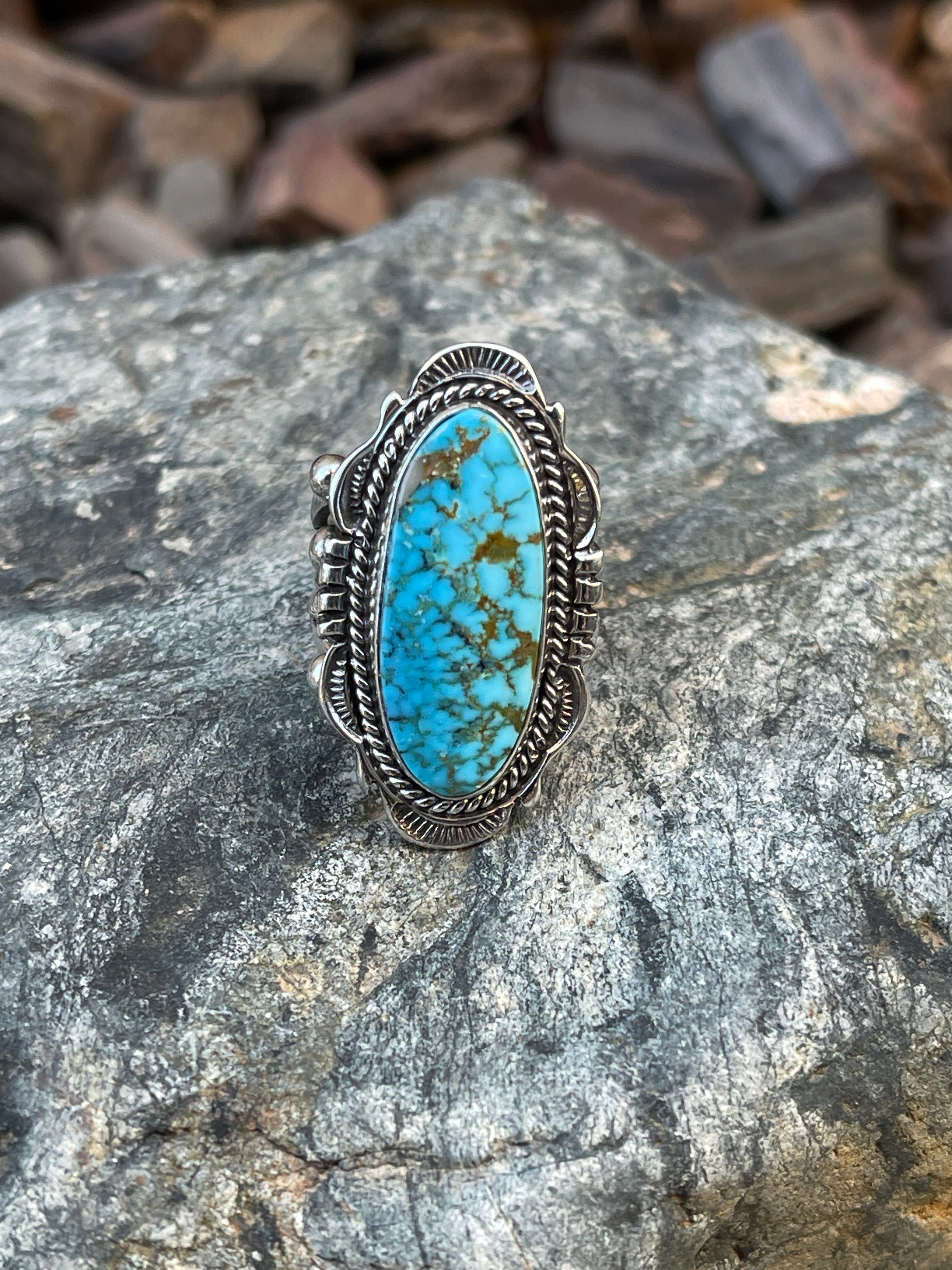 Handmade Solid Sterling Silver Four Prong Turquoise Mountain Ring  - Size 6 1/2