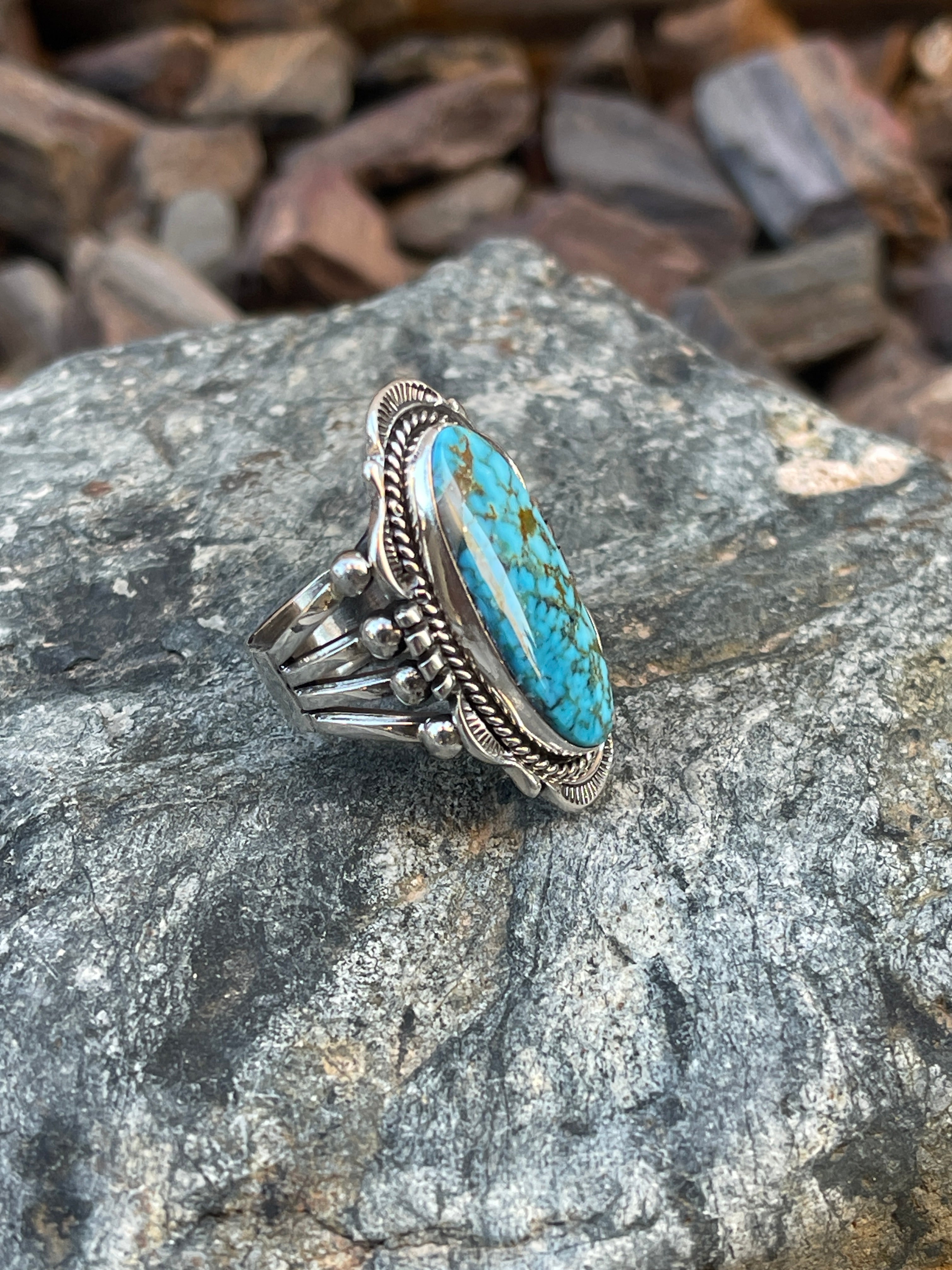 Handmade Solid Sterling Silver Four Prong Turquoise Mountain Ring  - Size 6 1/2