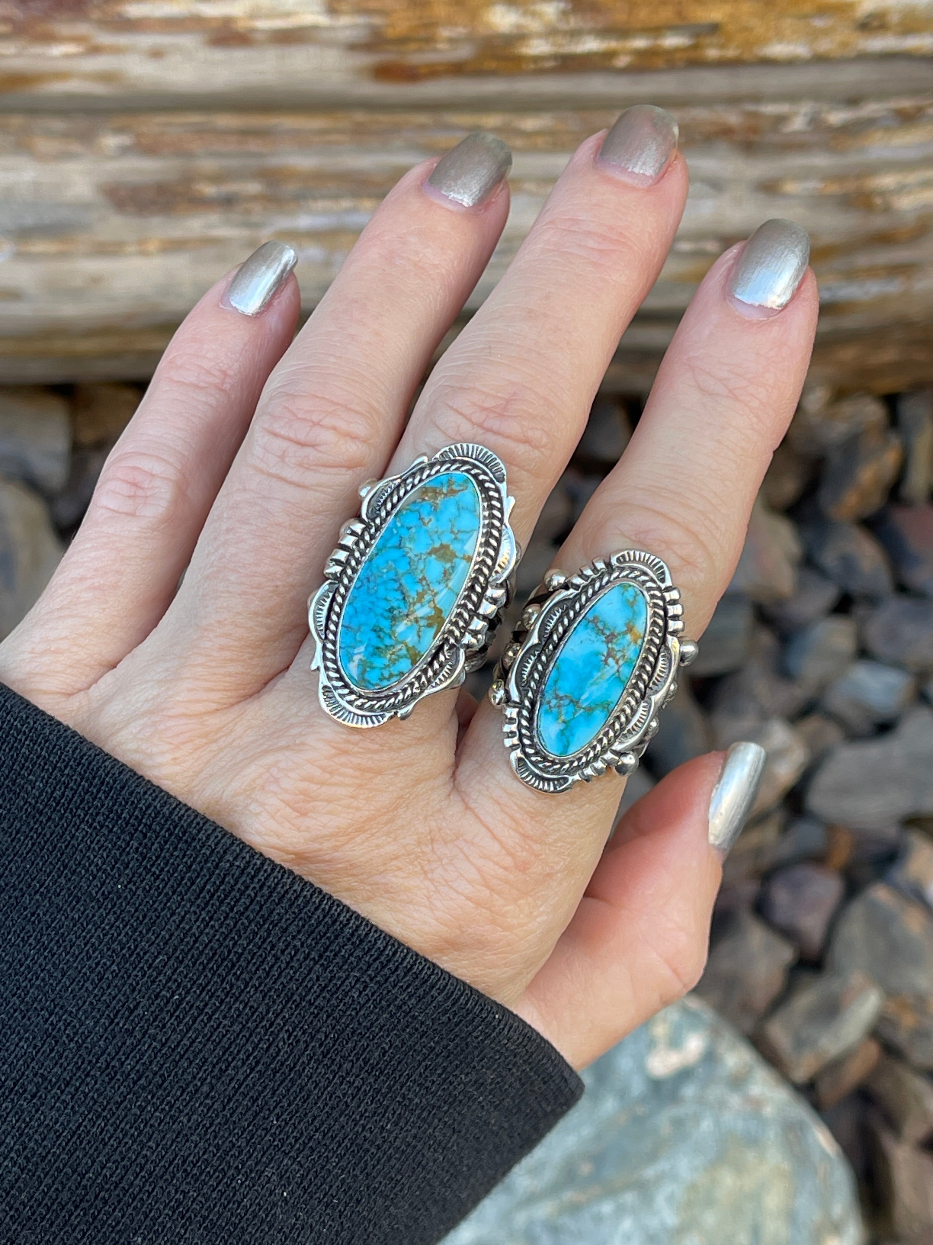 Signature Handmade Solid Sterling Silver Turquoise Mountain Ring with Stamp Detail  - Size 6