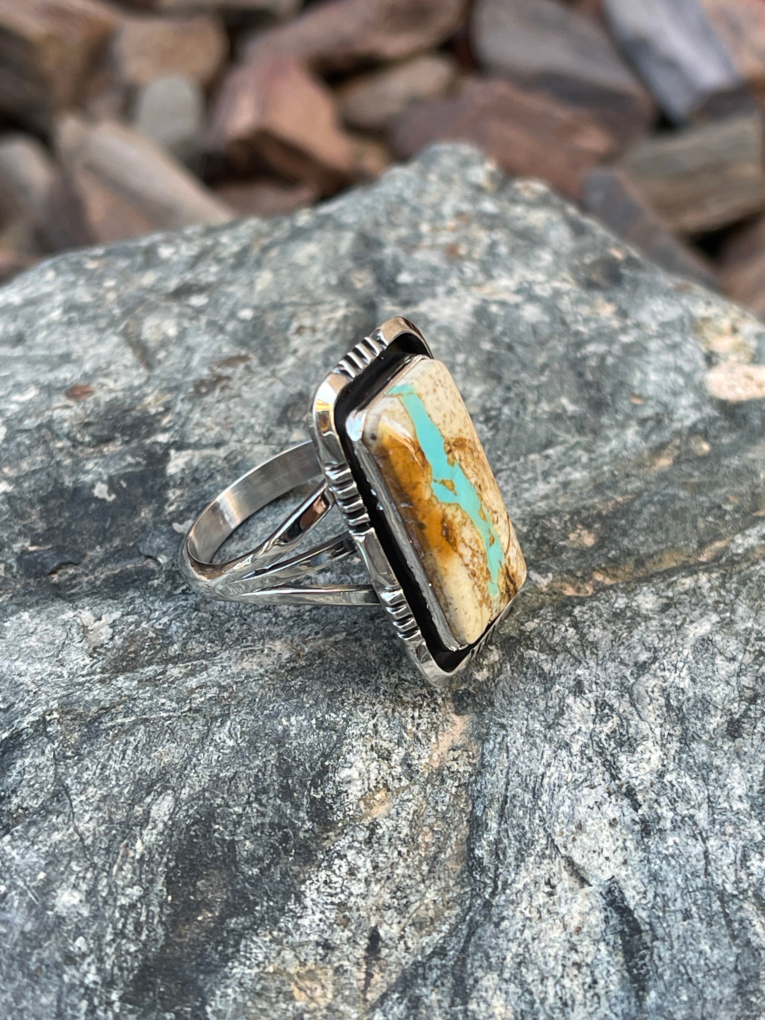 Handmade Solid Sterling Silver Boulder Ribbon Turquoise Ring with Shadow Box Trim - Size 10