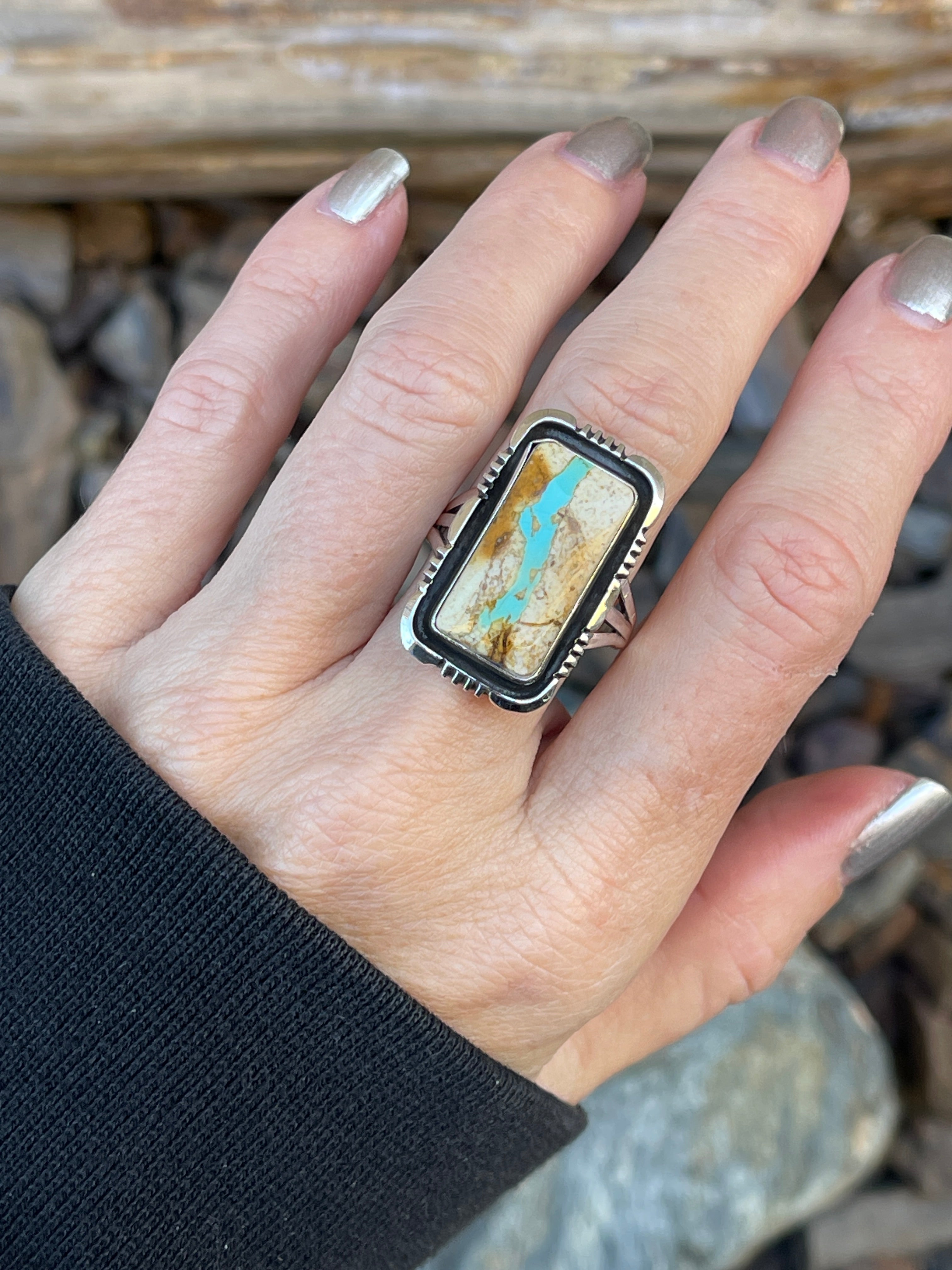 Handmade Solid Sterling Silver Boulder Ribbon Turquoise Ring with Shadow Box Trim - Size 10