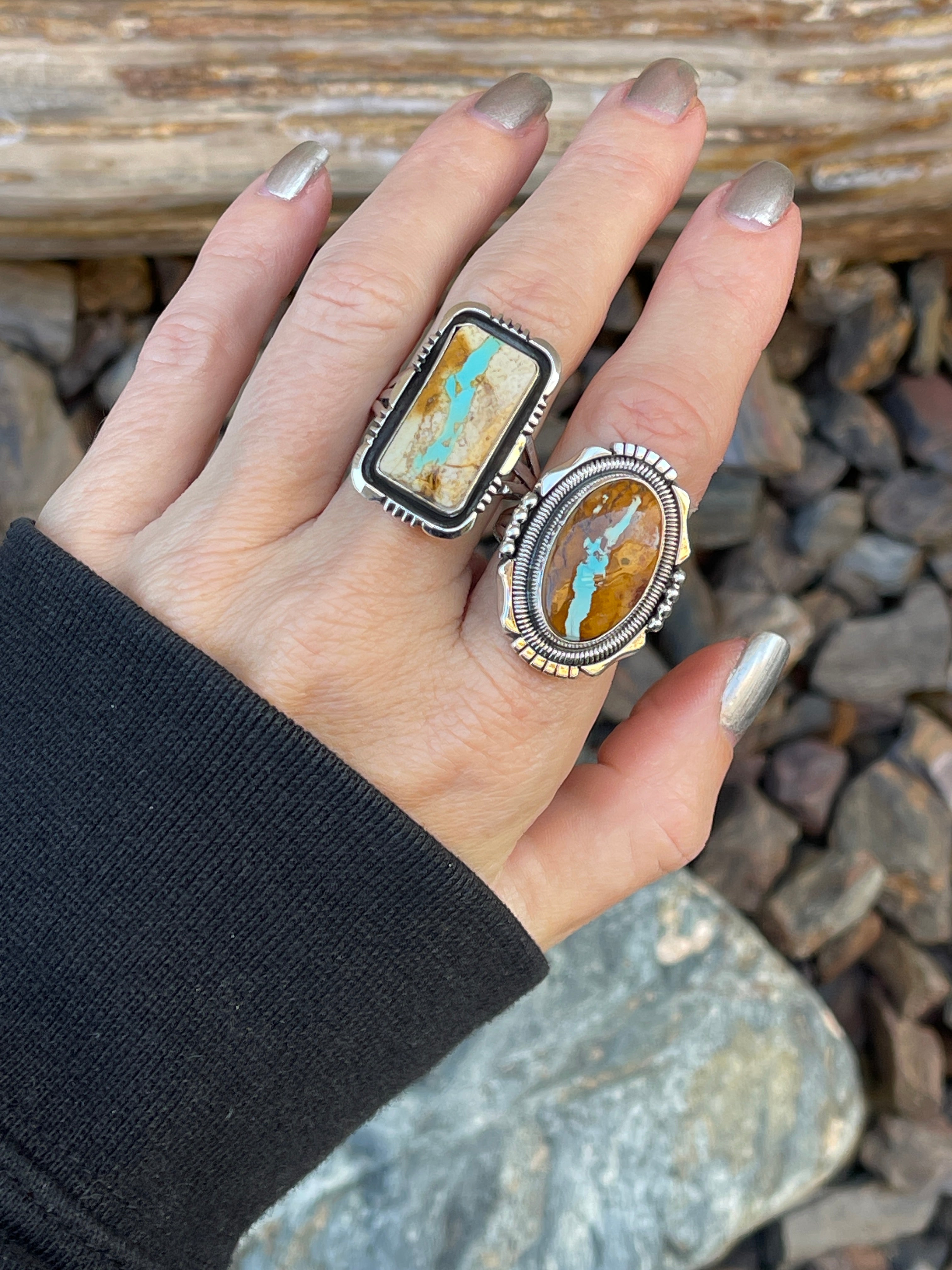 Handmade Solid Sterling Silver Boulder Ribbon Turquoise Ring with Shadow Box Trim - Size 10