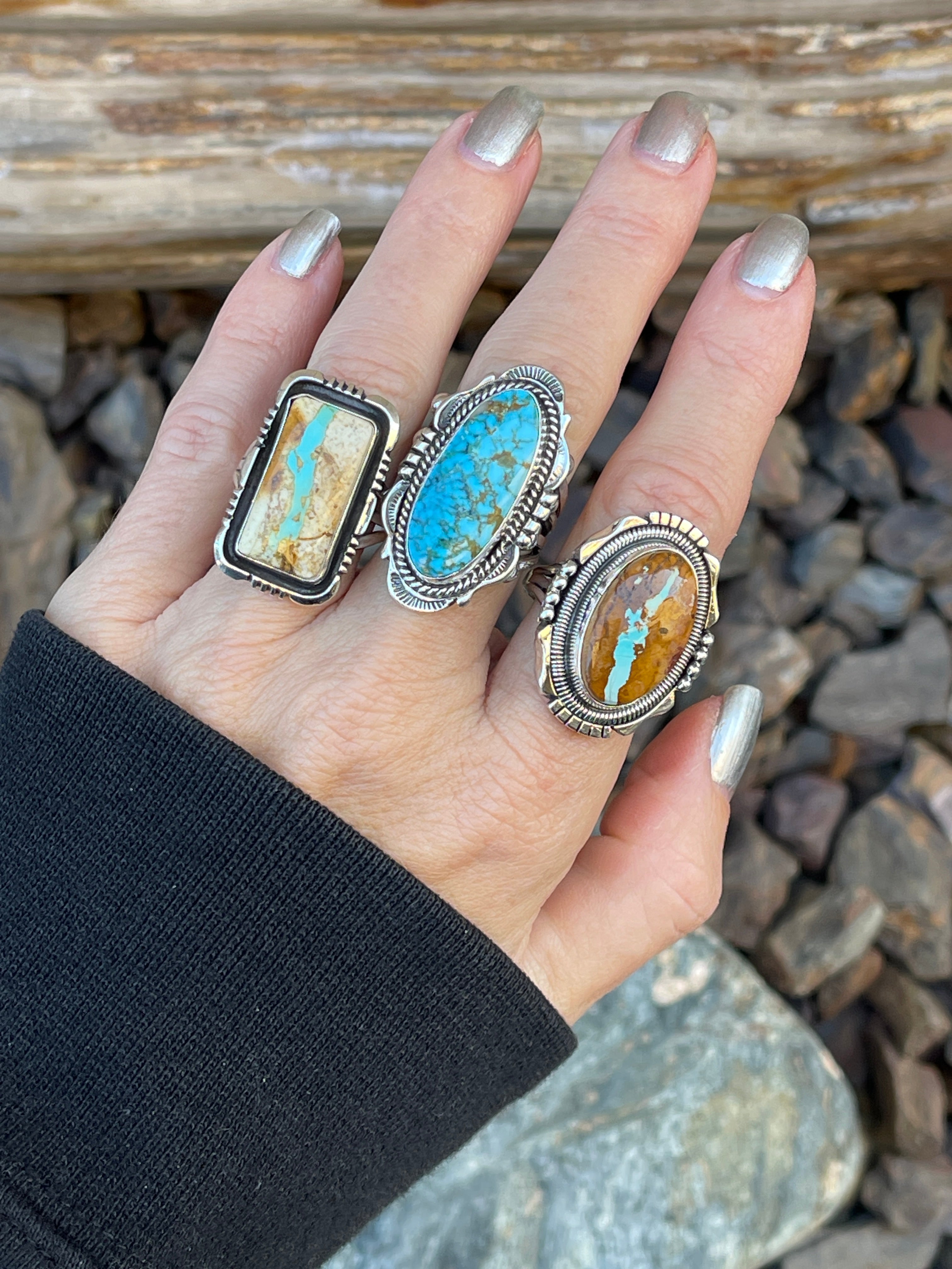 Handmade Solid Sterling Silver Boulder Ribbon Turquoise Ring with Shadow Box Trim - Size 10