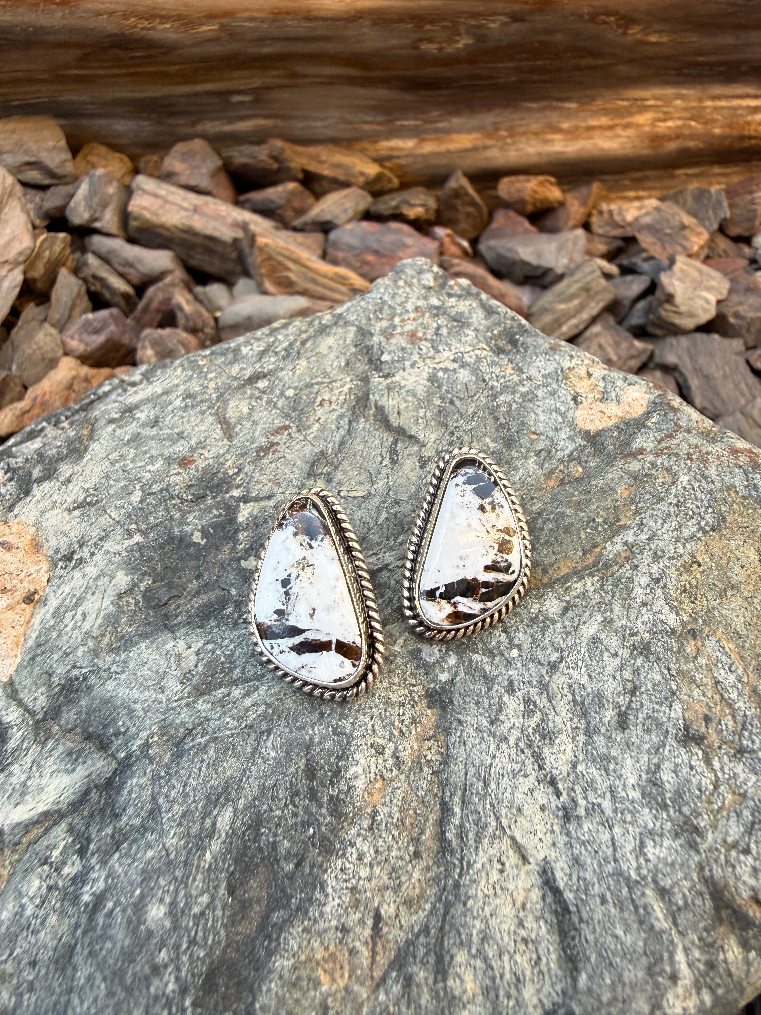 Handmade Sterling Silver White Buffalo Large Stud Earrings