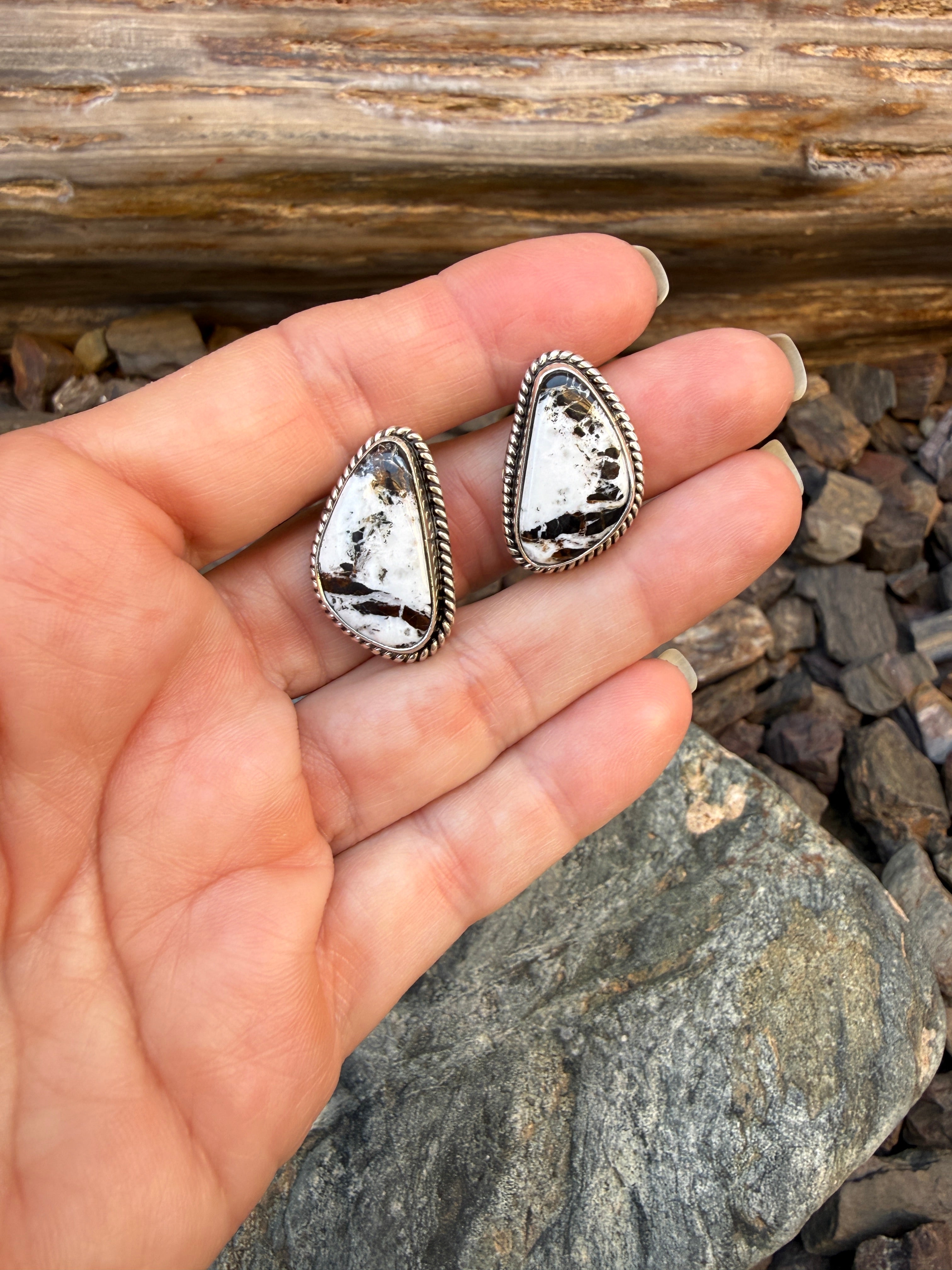 Handmade Sterling Silver White Buffalo Large Stud Earrings