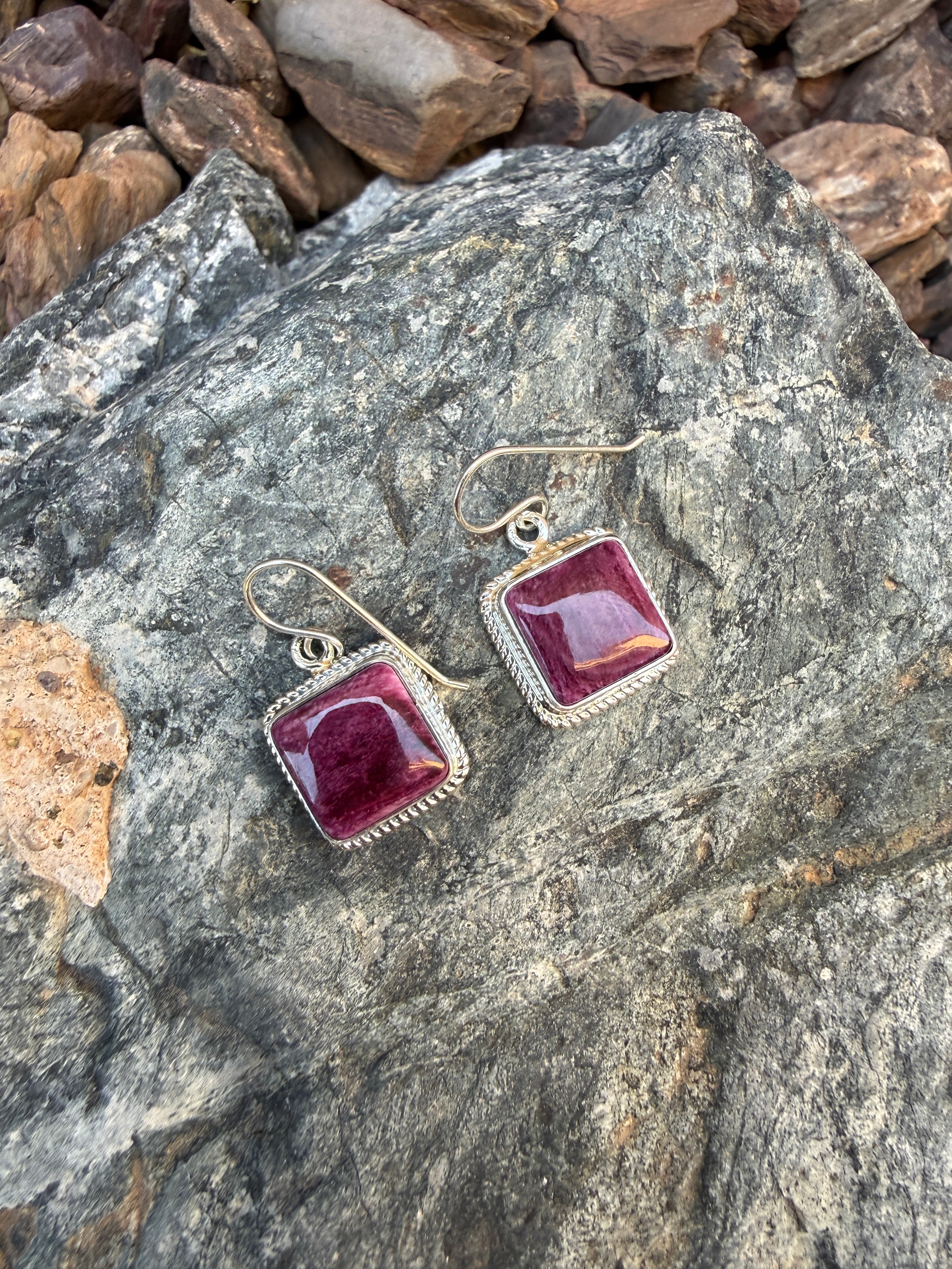 Handmade Sterling Silver Purple Spiny Oyster Square Cut Earrings
