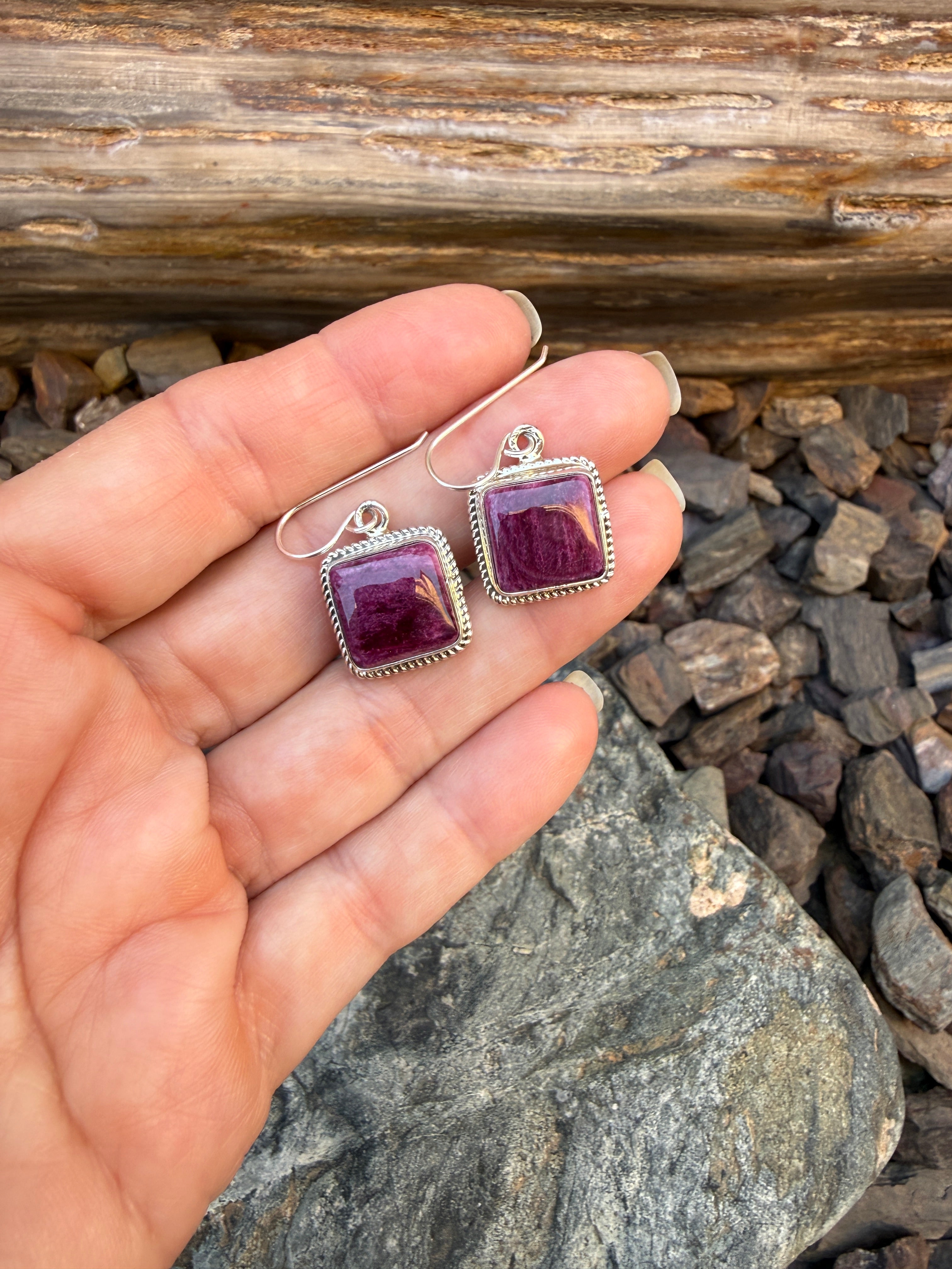 Handmade Sterling Silver Purple Spiny Oyster Square Cut Earrings
