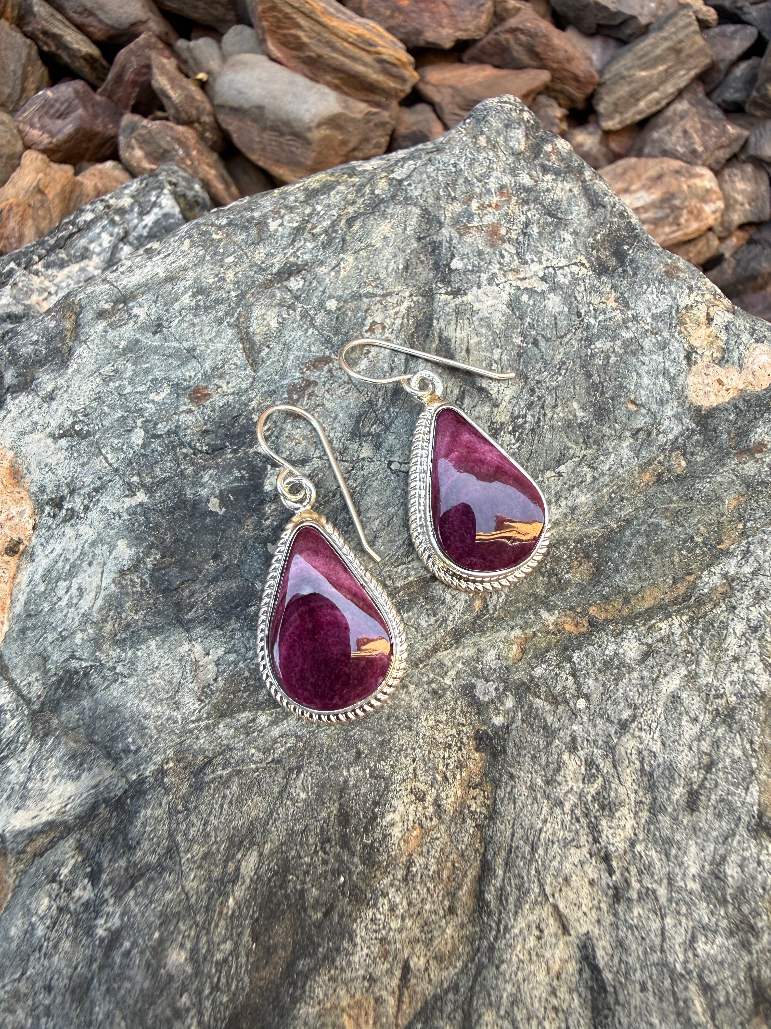 Handmade Sterling Silver Purple Spiny Oyster Tear Drop Earrings