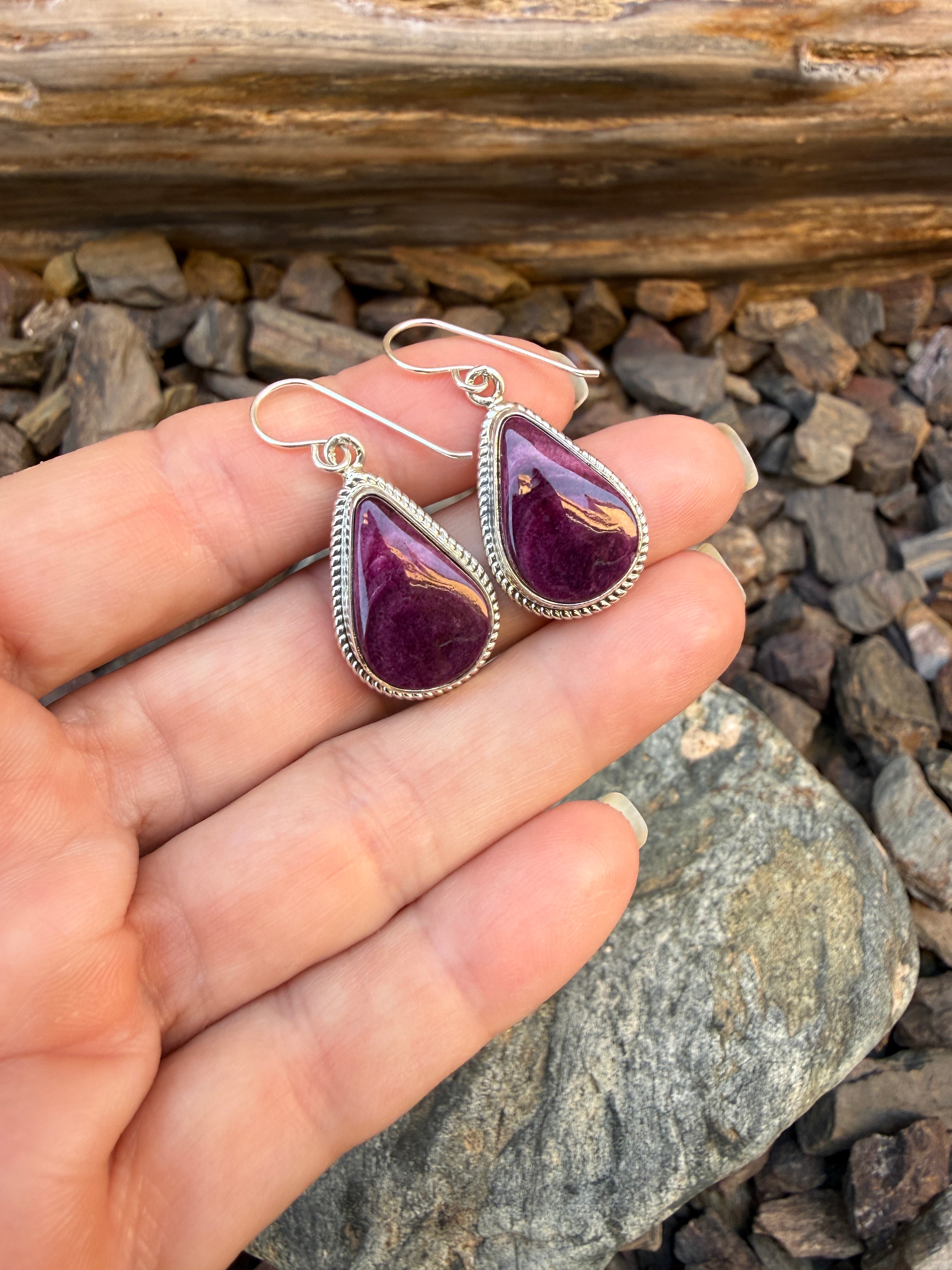 Handmade Sterling Silver Purple Spiny Oyster Tear Drop Earrings