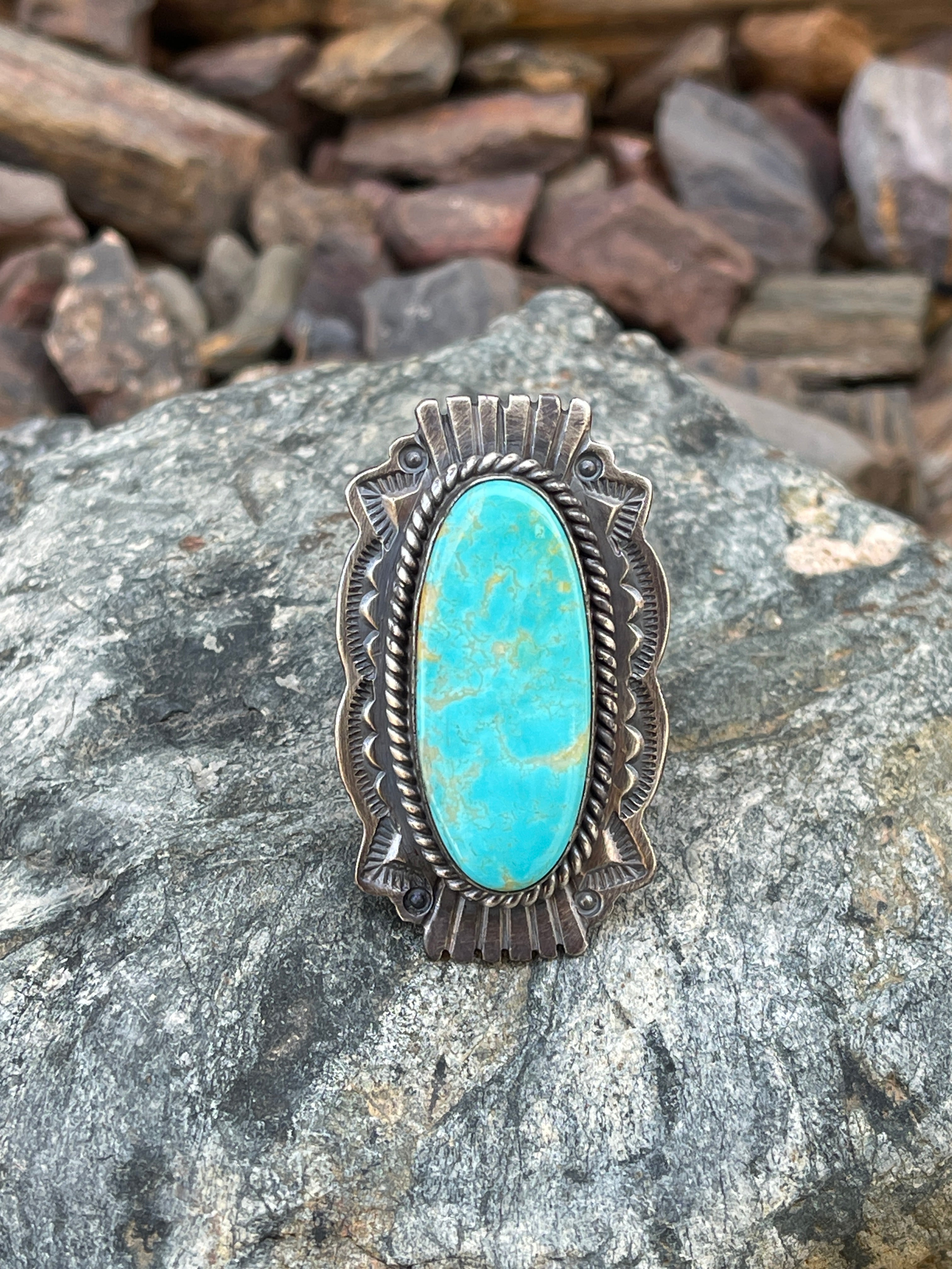 Large Handmade Solid Sterling Silver Kingman Turquoise Wide Trim Ring - Size 10