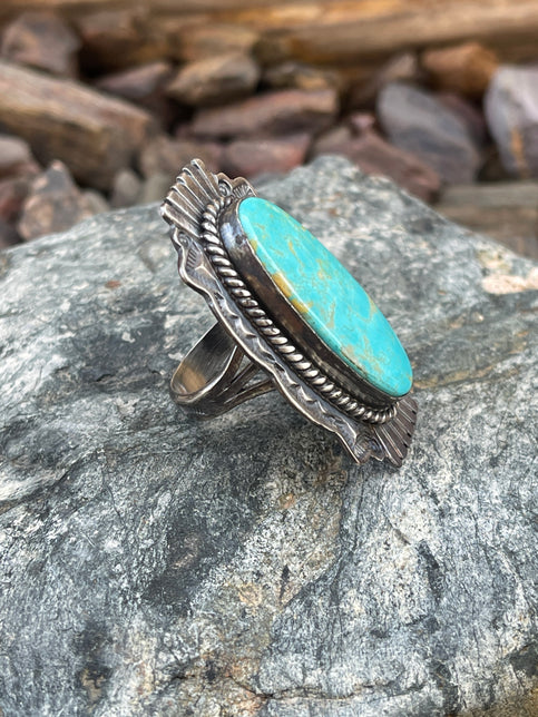 Large Handmade Solid Sterling Silver Kingman Turquoise Wide Trim Ring - Size 10