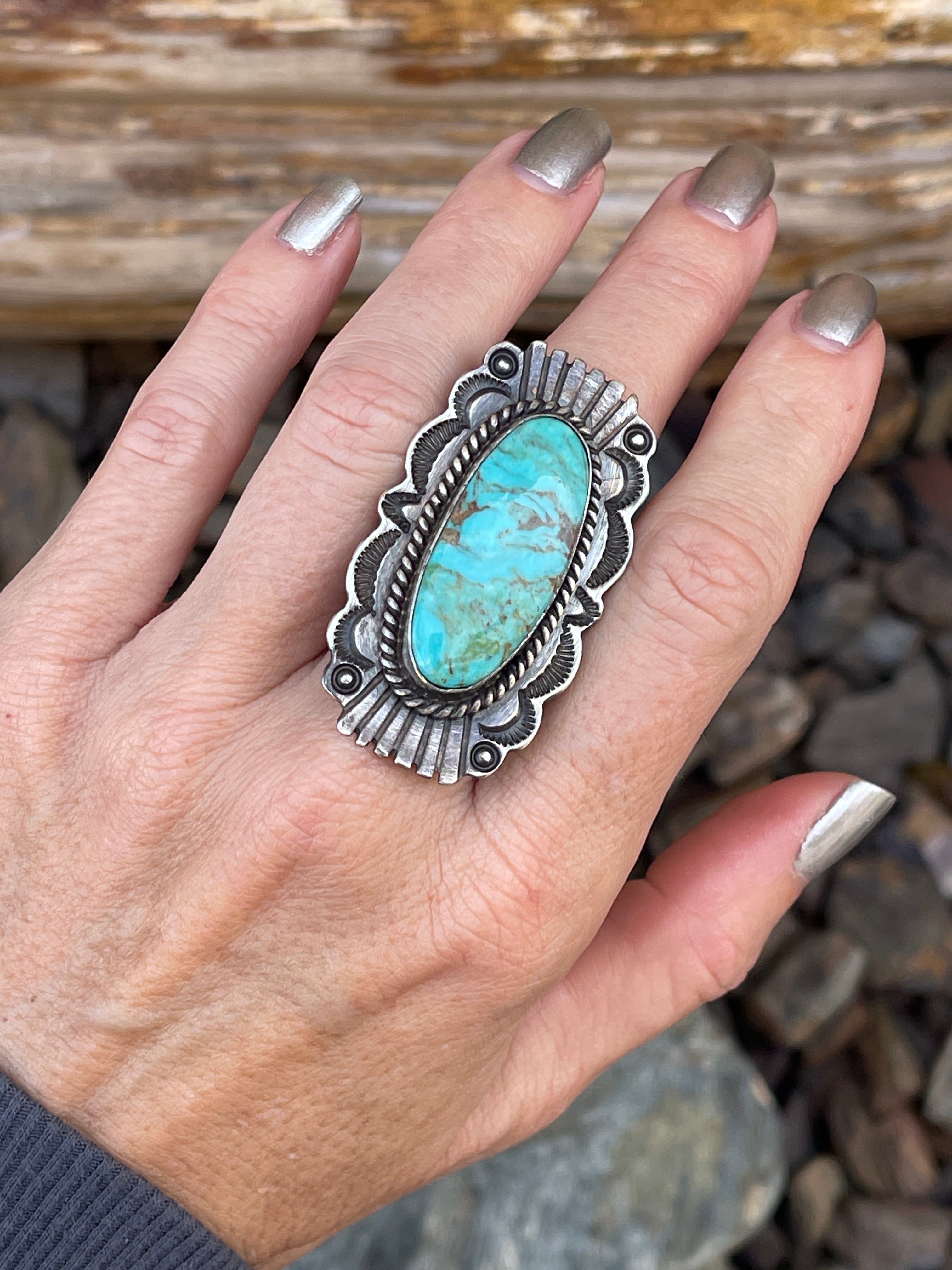 Large Handmade Solid Sterling Silver Kingman Turquoise Ring with Stamp Trim - Size 9 1/2