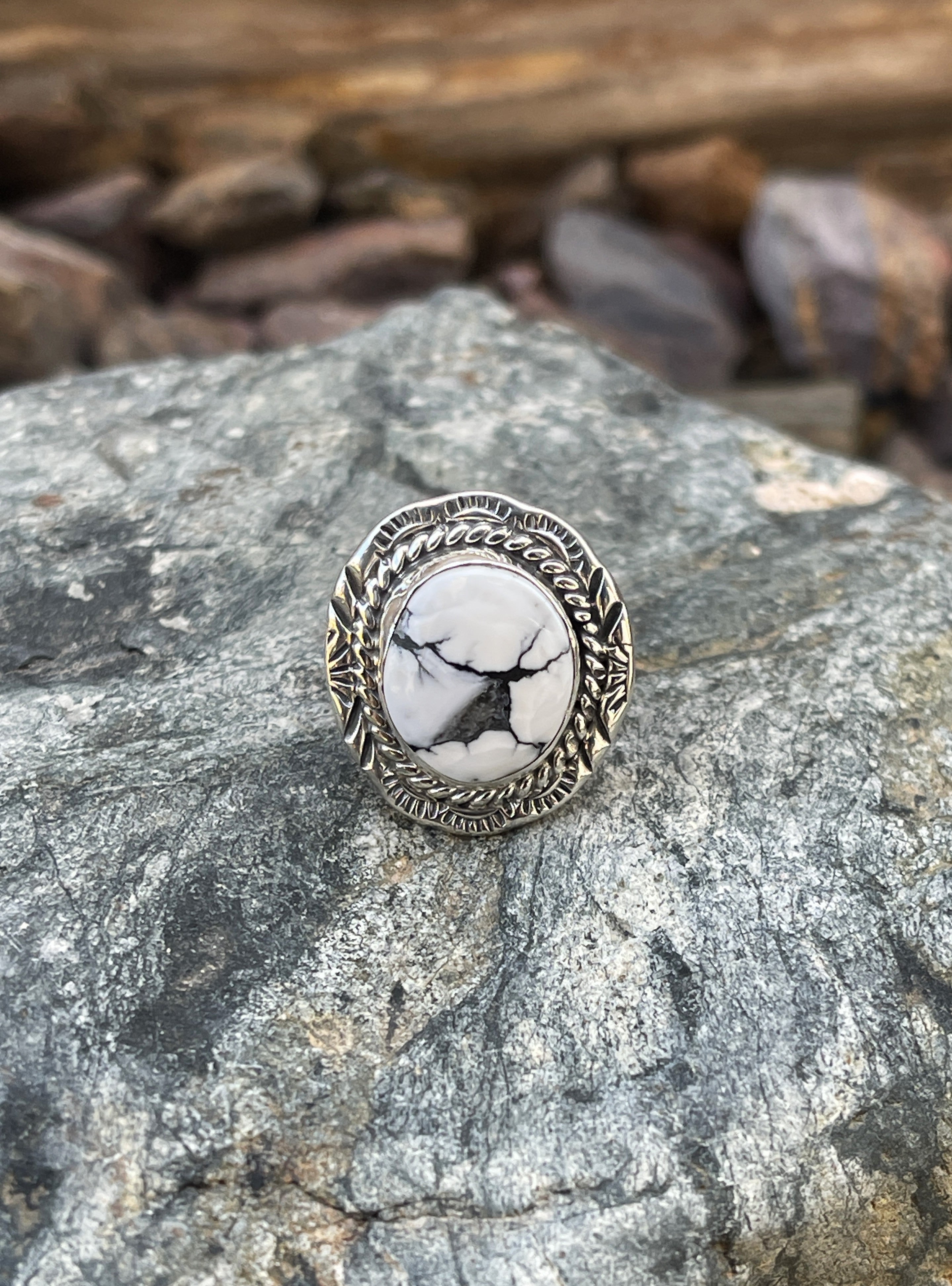 Handmade Sterling Silver White Buffalo Ring with Stamp Trim - Size 6
