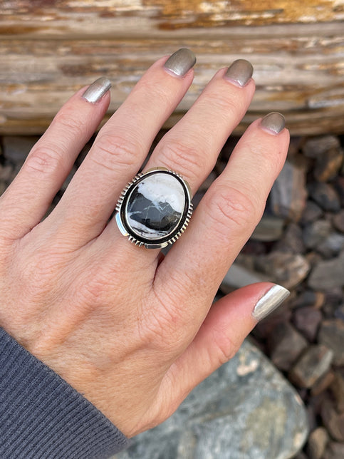 Handmade Sterling Silver White Buffalo Ring with Shadow Box Trim - Size 9 1/2