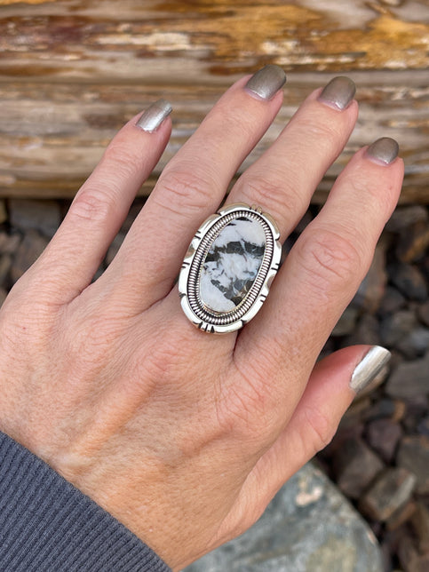 Hand Crafted Solid Sterling Silver White Buffalo Ring with Coil Detail- Size 7